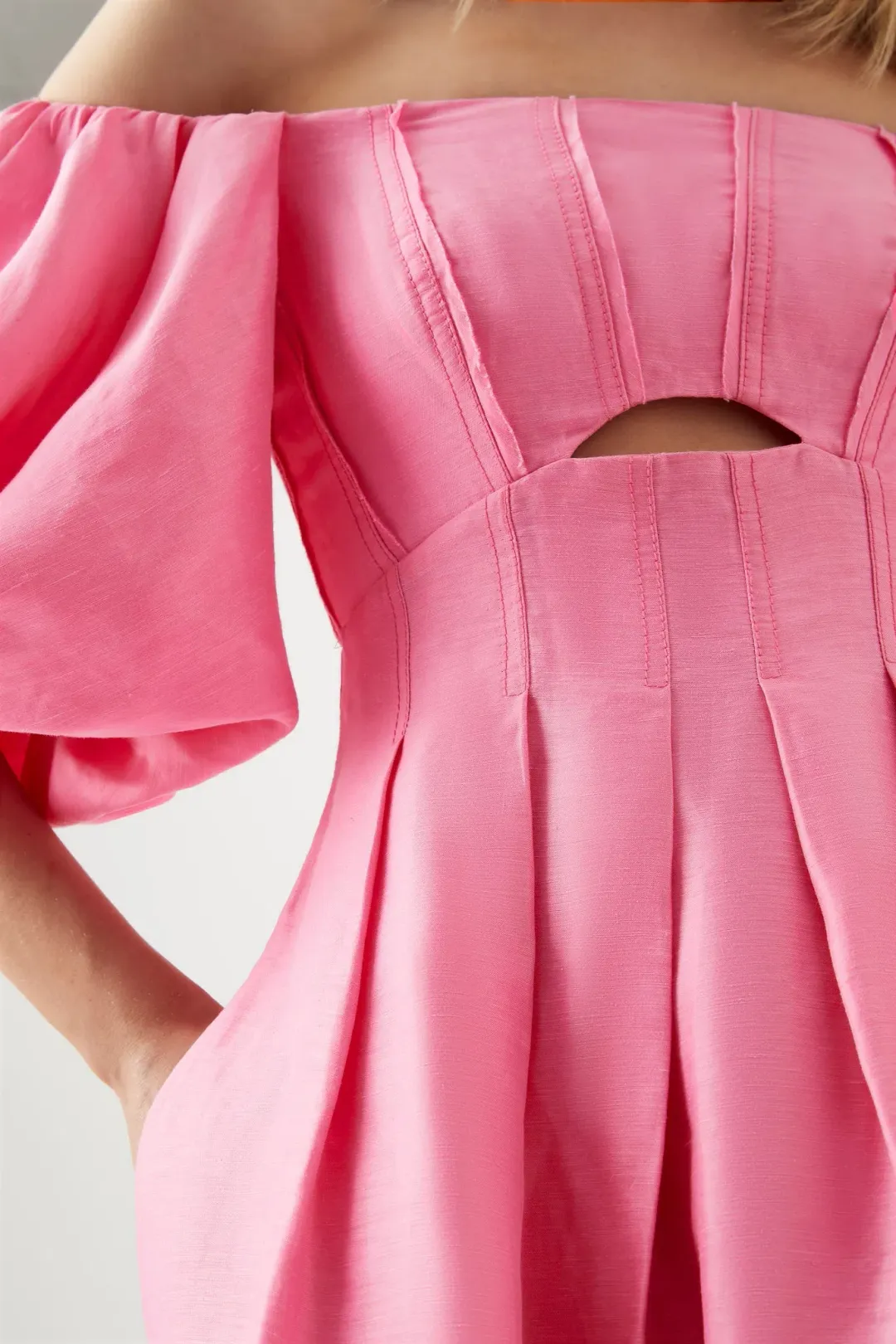 Aje Eugenie Off Shoulder Midi Dress Pink Size 8 / S for rent on The Volte - main image