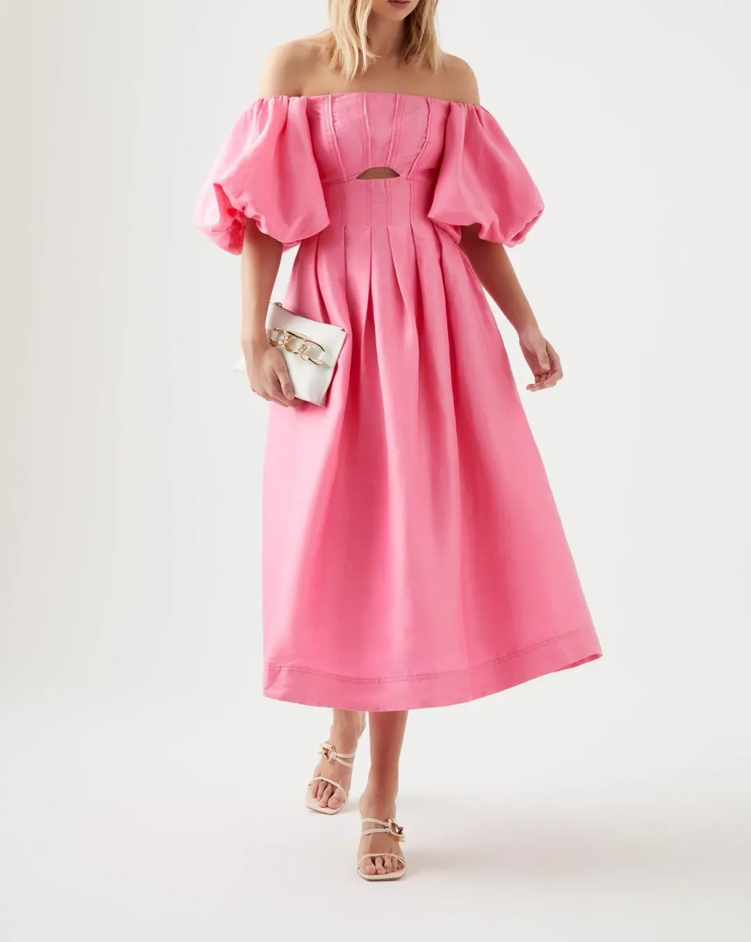 Aje Eugenie Off Shoulder Midi Dress Pink Size 8 / S for rent on The Volte - main image