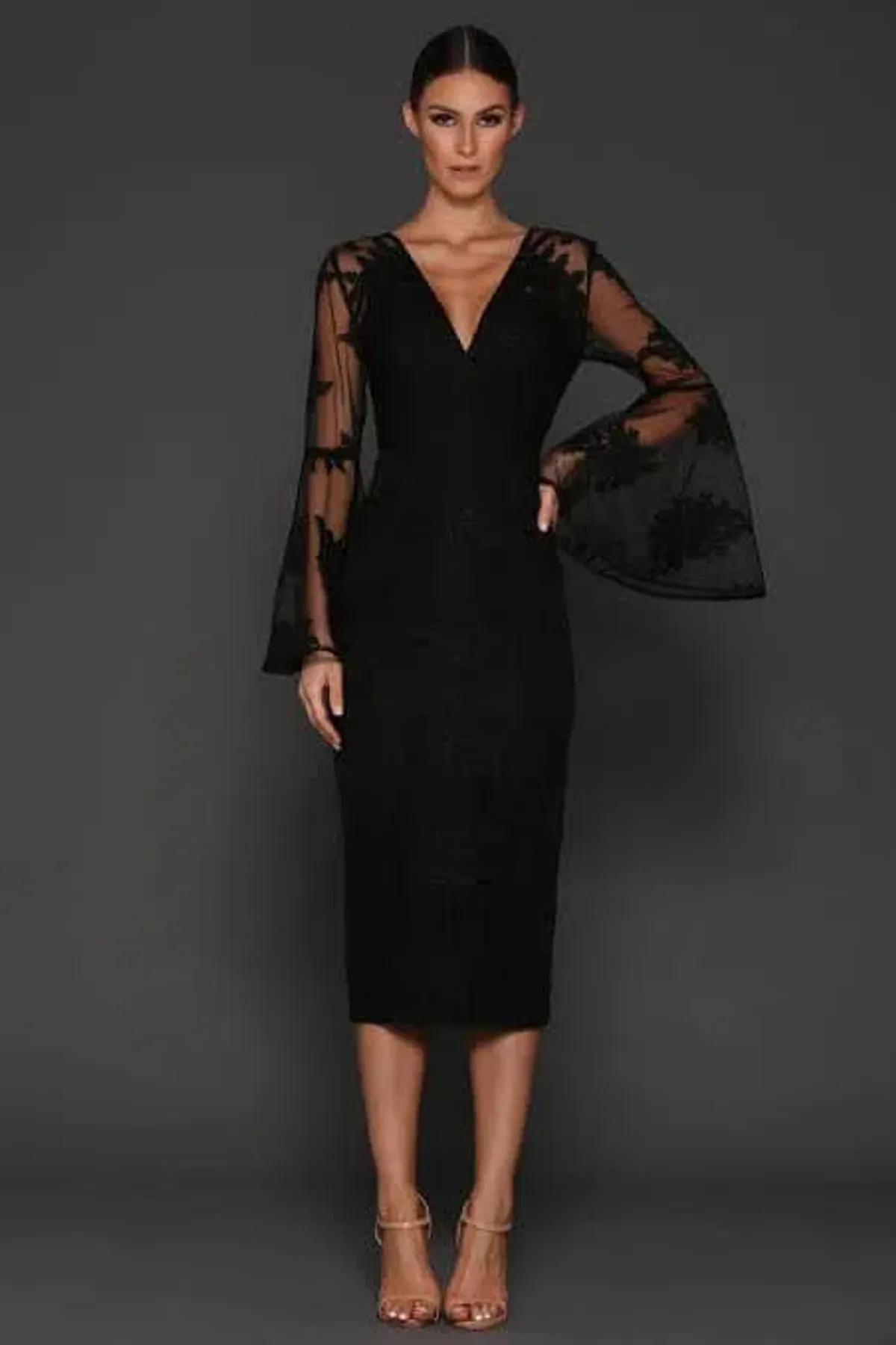 Elle Zeitoune Kassidy Bell Sleeve Midi Dress Black Size 8 - Image 1