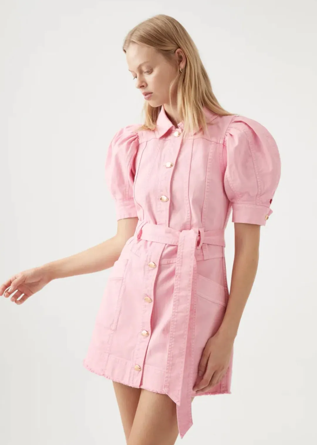 AJE Flora Denim Puff Sleeve Mini Dress Bon Bon Pink Size 14 for rent on The Volte - main image
