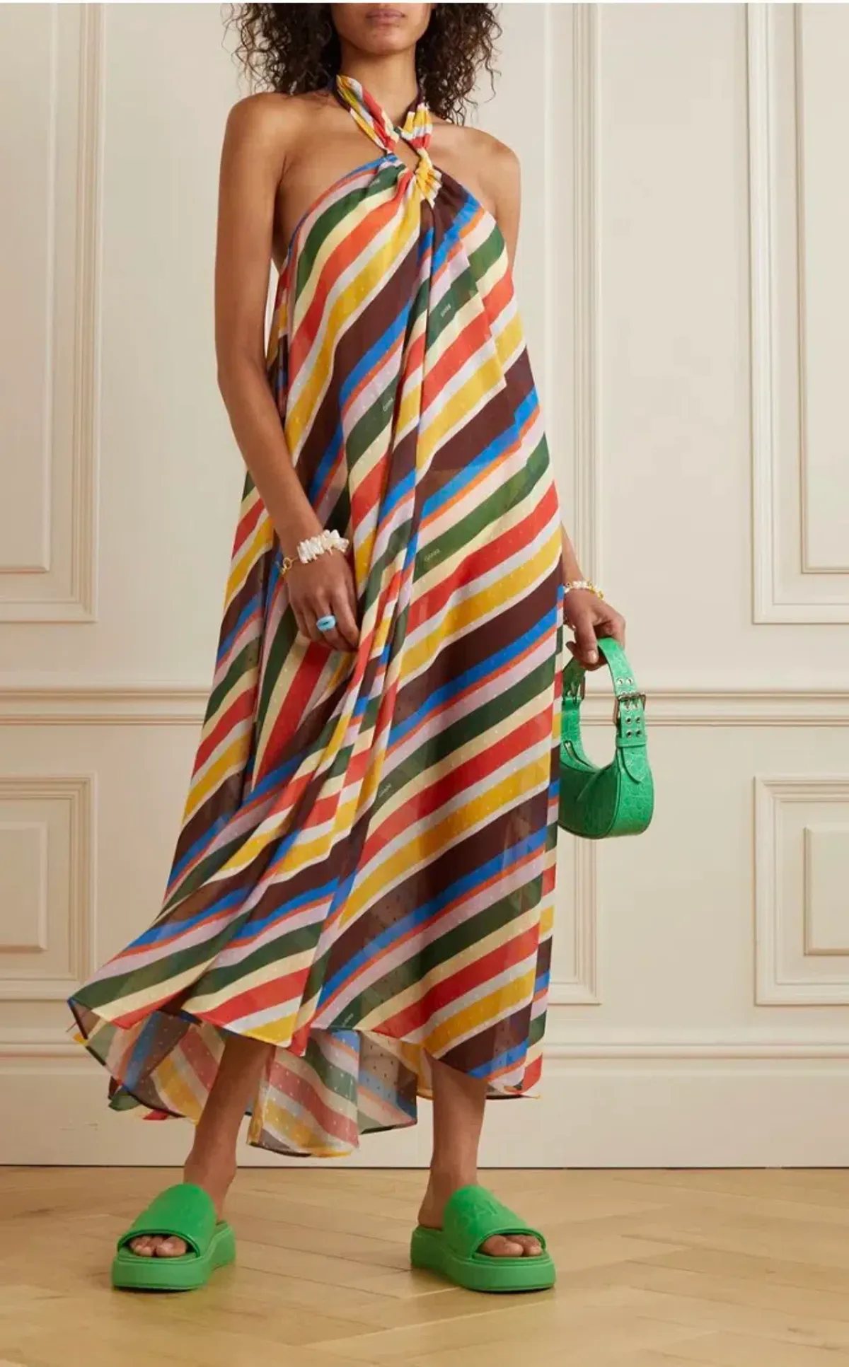 Ganni Striped Halter Neck Recycled Chiffon Midi Dress Multi Size AU 10 - Image 2