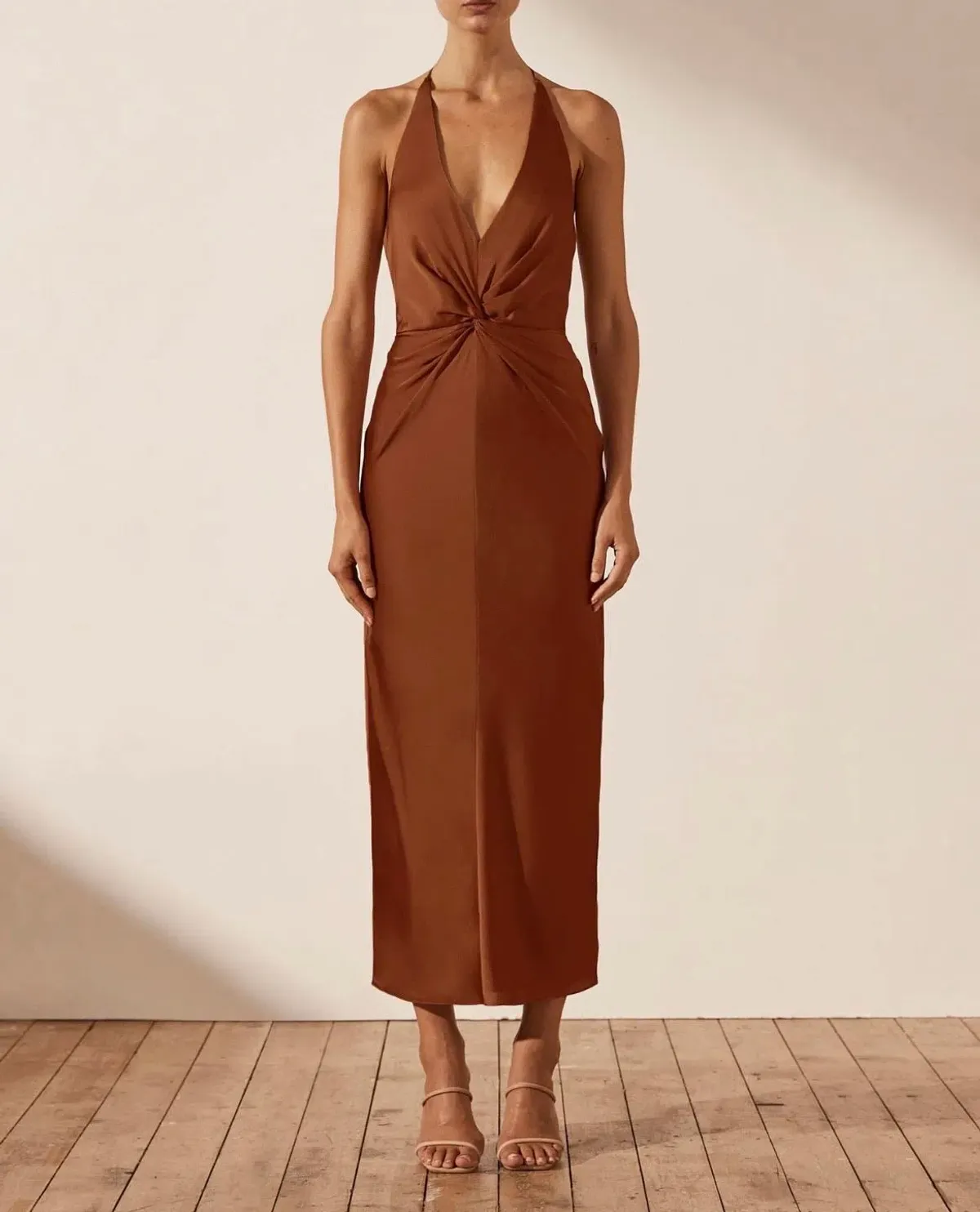 Shona Joy Luxe Twist Front Halter Midi Dress Brown Size AU 8 - Image 1