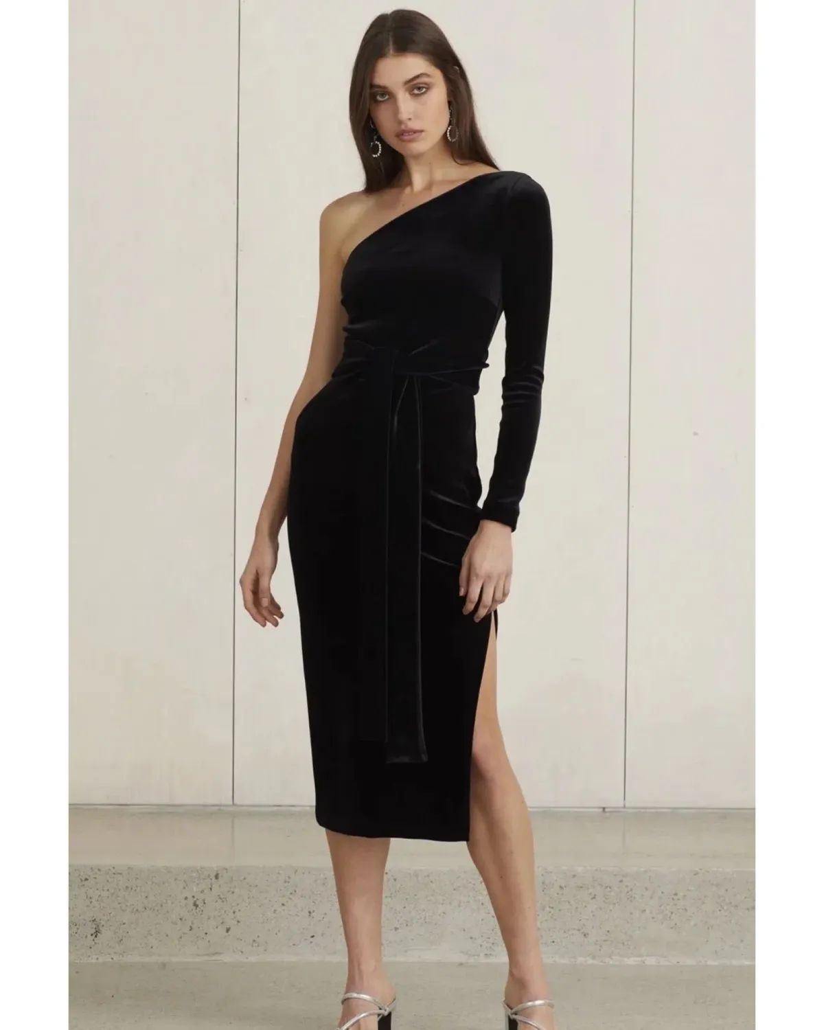 Bec & Bridge Velours One Shoulder Dress Black Size AU 8 - Image 1