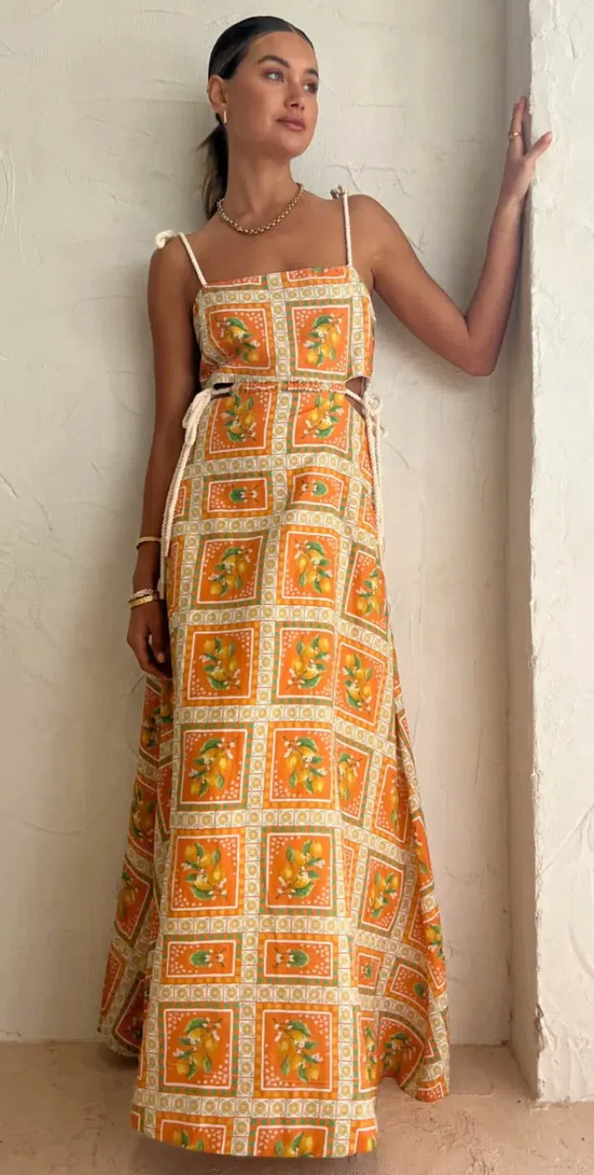 By Nicola Lemonade Tie Maxi Dress in Orange Mosaic Size AU 10 for rent on The Volte - main image