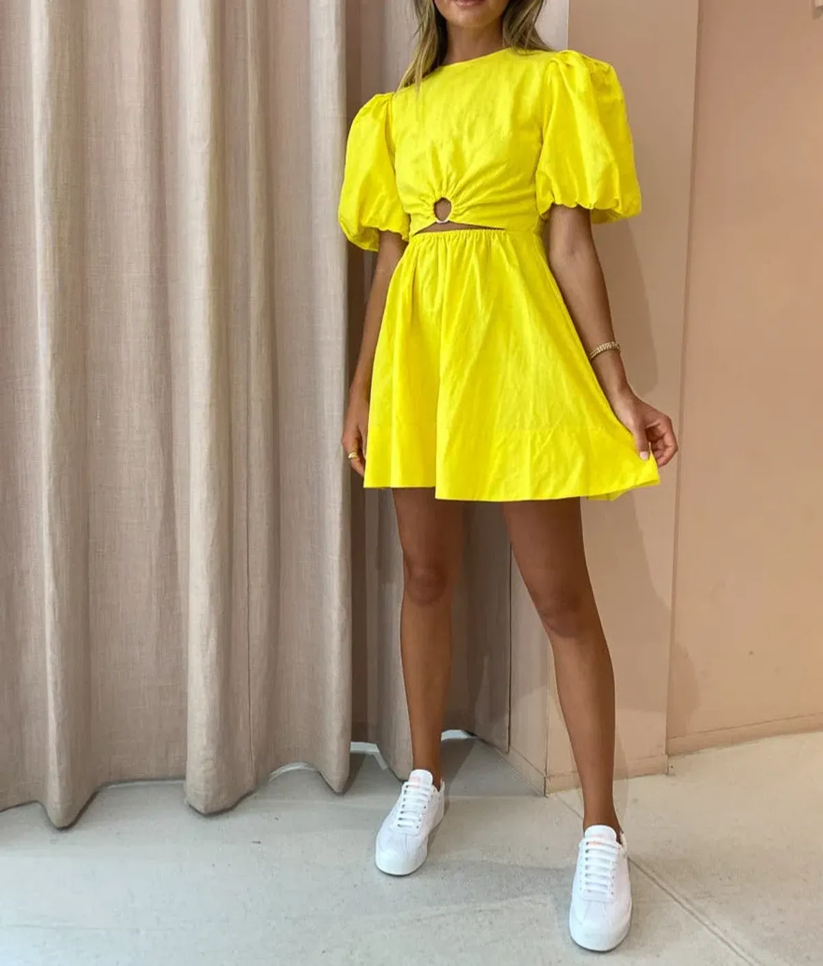 By Nicola Dahlia Ring Detail Mini Dress Yellow Size 10 for rent on The Volte - main image