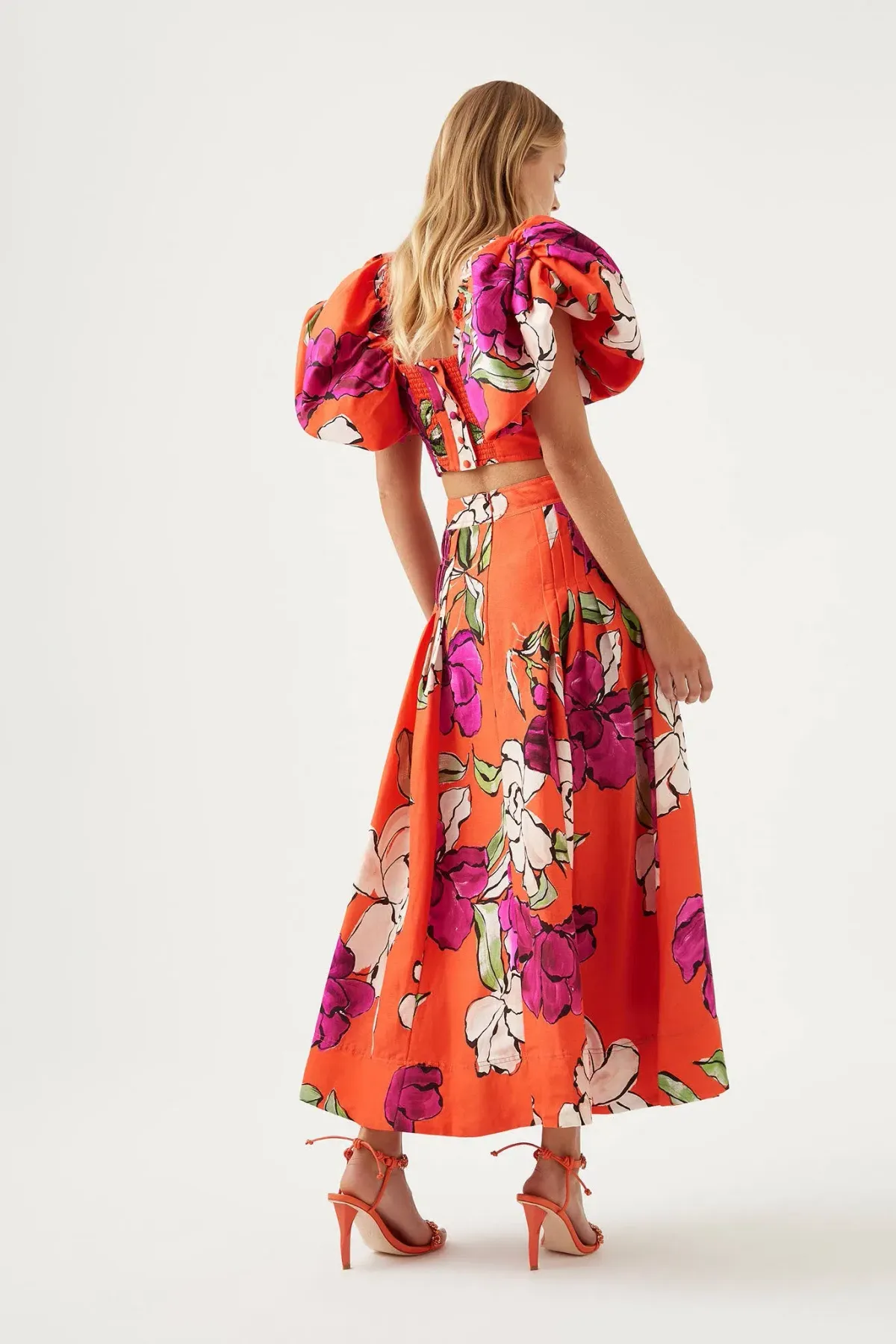 Aje Marcel Puff Sleeve Bodice & Lewis Tuck Detail Midi Skirt Set Floral Size 8 / S - Image 3