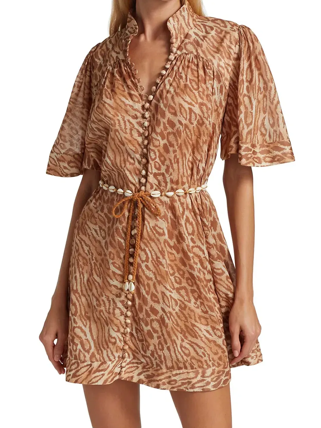 Zimmermann Tropicana Flutter Sleeve Mini Dress Brown Size 1 / AU 10 for rent on The Volte - main image