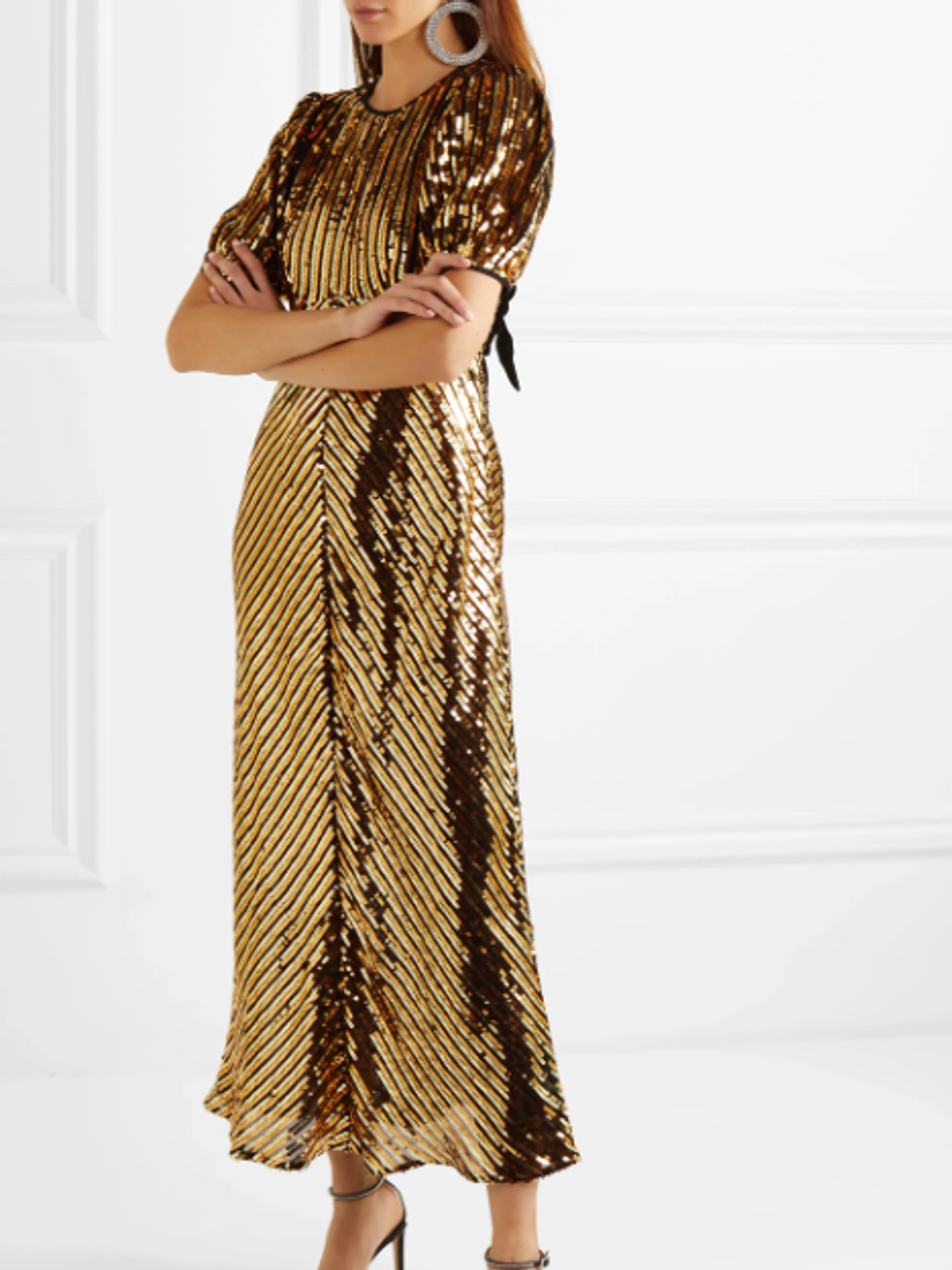 Rixo Daisy velvet trimmed cutout Georgette gold sequin midi dress size 8 - Image 1