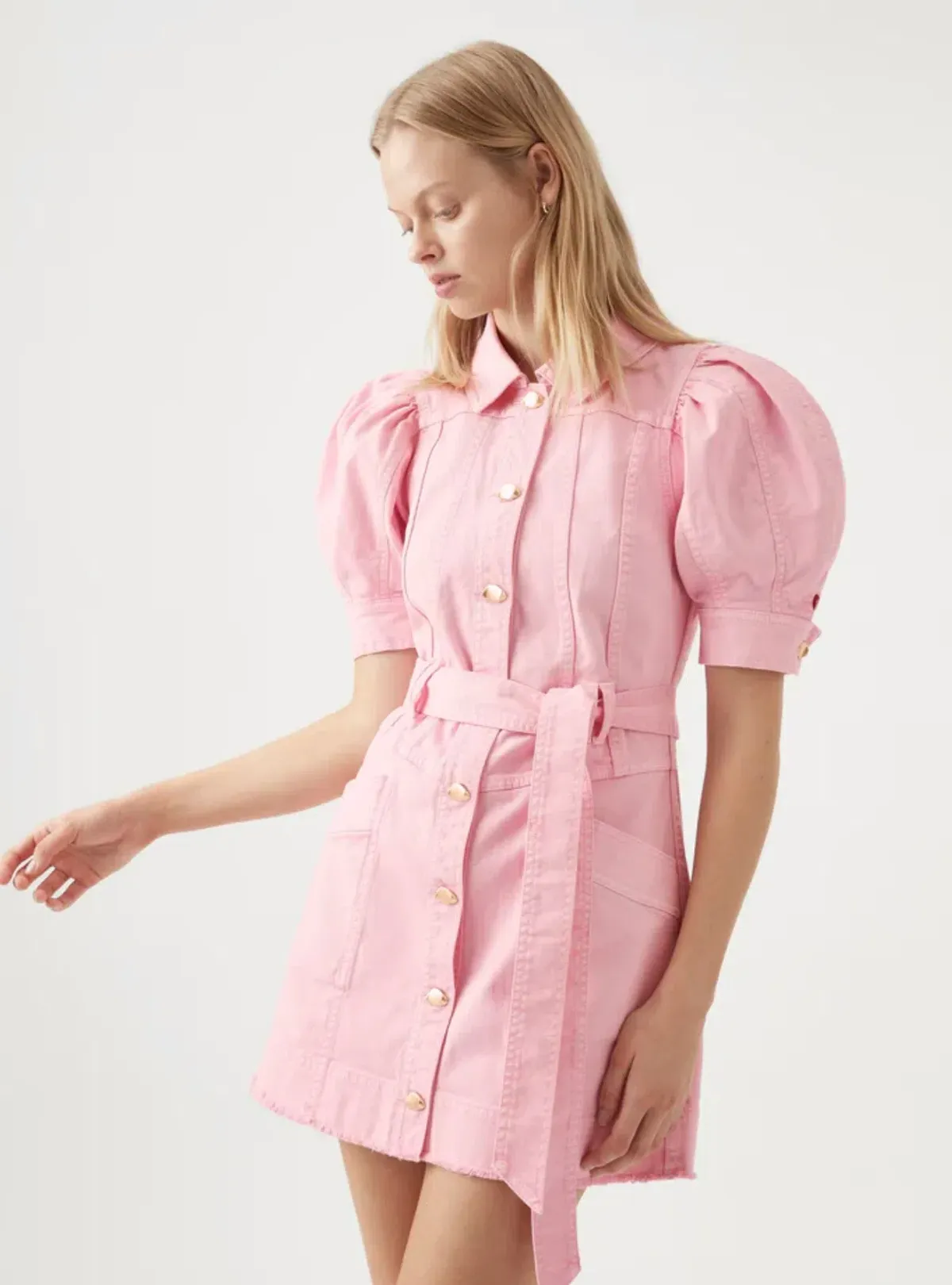Aje Flora Denim Puff Sleeve Dress Bon Bon Pink Size AU 12 - Image 2