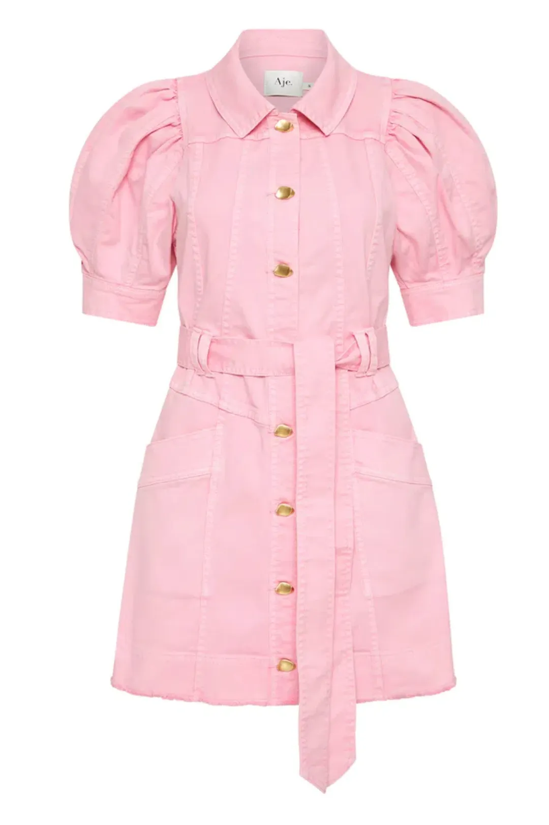 Aje Flora Denim Puff Sleeve Dress Bon Bon Pink Size AU 12 for rent on The Volte - main image