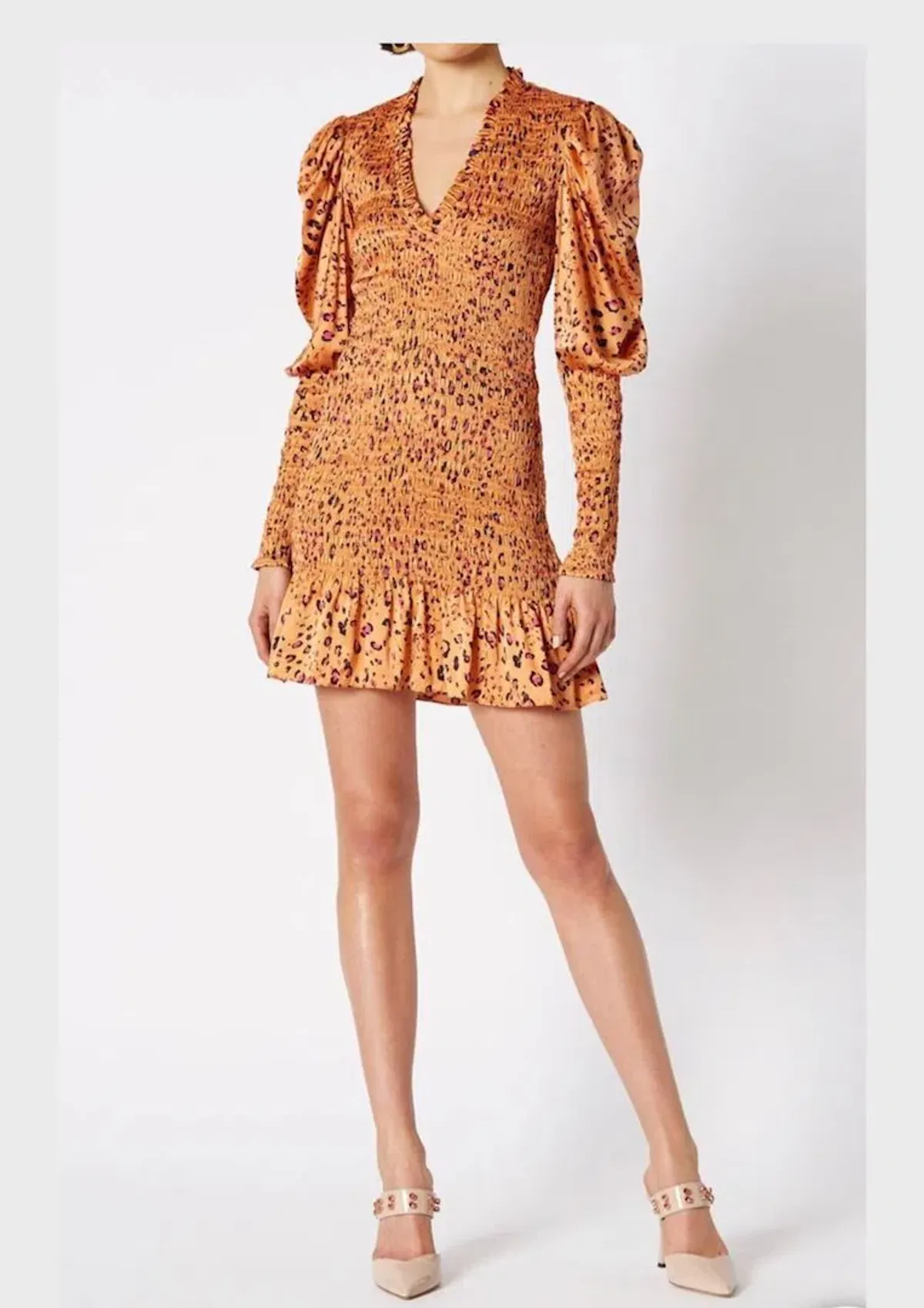 Scanlan Theodore Silk Leopard Shirred Mini Dress Orange Size 10 - Image 1