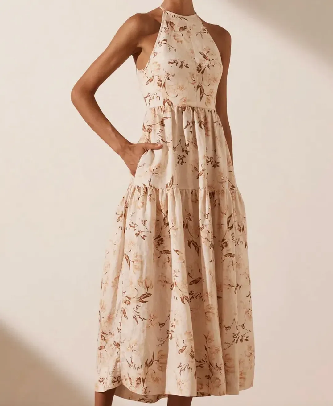 Shona Joy Roxanne Linen Open Back Tiered Midi Dress Floral Size 8 / S for rent on The Volte - main image