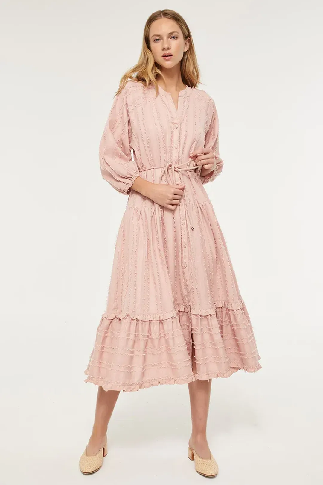 Tigerlily Okimi Charley Midi Boho Dress Whisper Pink Size 10 for rent on The Volte - main image