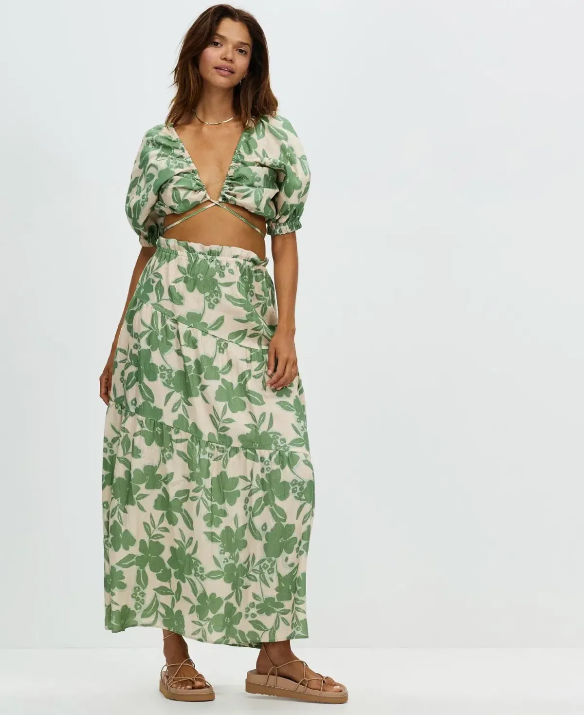 Aere Gathering Detail Linen Top & Maxi Skirt Set Floral Ivy Size 8/10 for rent on The Volte - main image