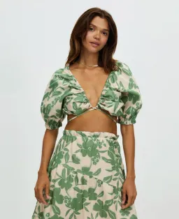 Aere Gathering Detail Linen Top & Maxi Skirt Set Floral Ivy Size 8/10 for rent on The Volte - image 2