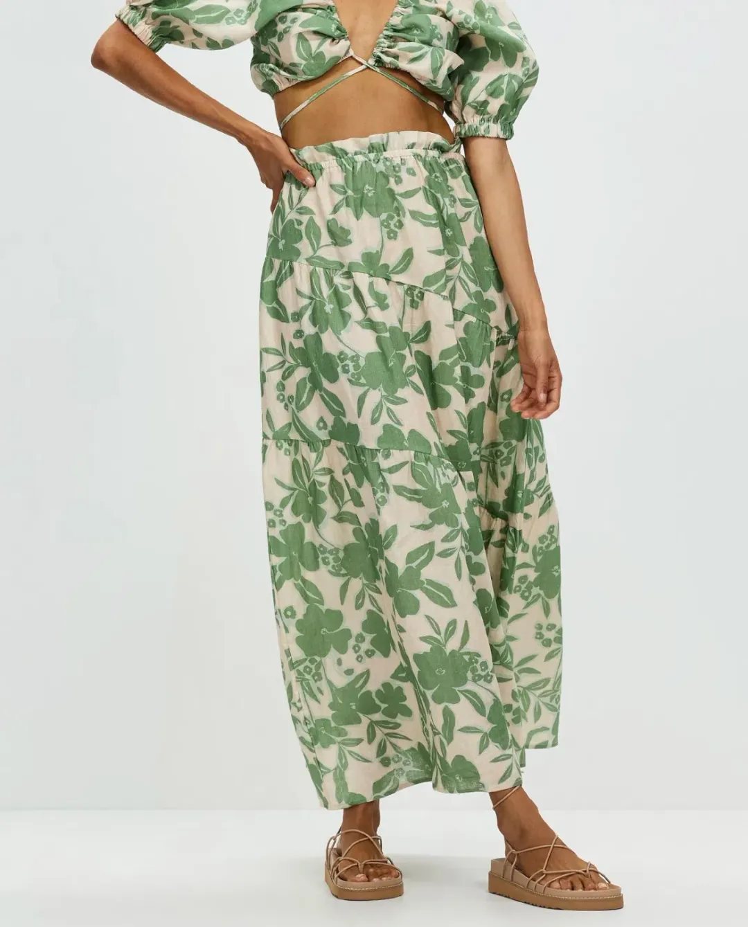 Aere Gathering Detail Linen Top & Maxi Skirt Set Floral Ivy Size 8/10 for rent on The Volte - main image