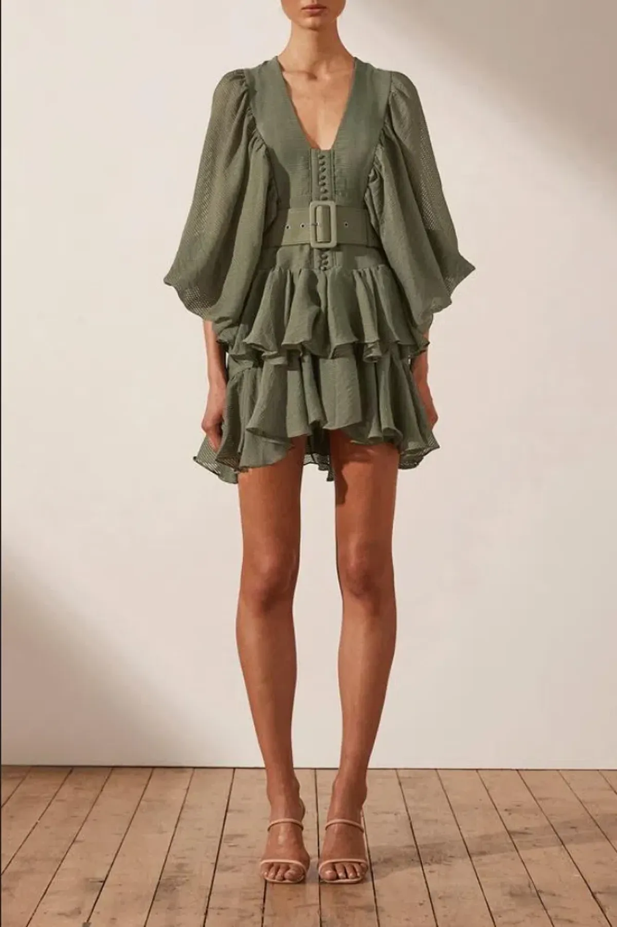 Shona Joy Charlotte Plunged Draped Mini Dress in Khaki Size 10 - Image 1