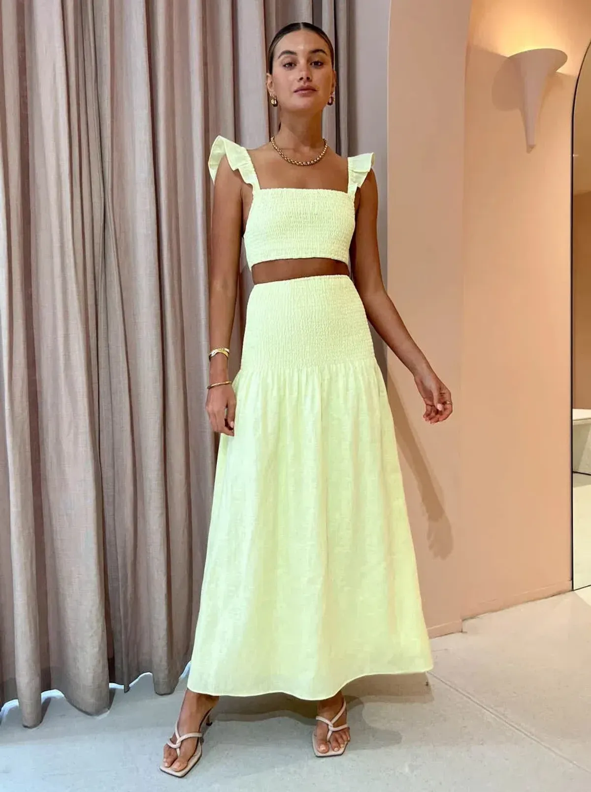 Sir The Label Francesca Shirred Crop Top Size 0 and Maxi Skirt Size 1 Set Yellow for rent on The Volte - main image
