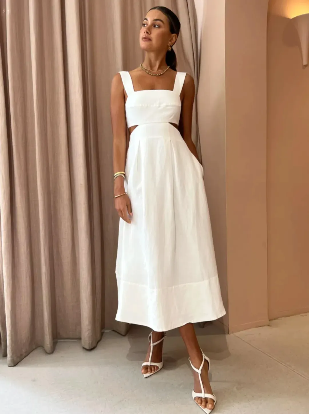 Shona Joy Morgan Linen Cut Out Midi Dress in Ivory Size 10 / M for rent on The Volte - main image
