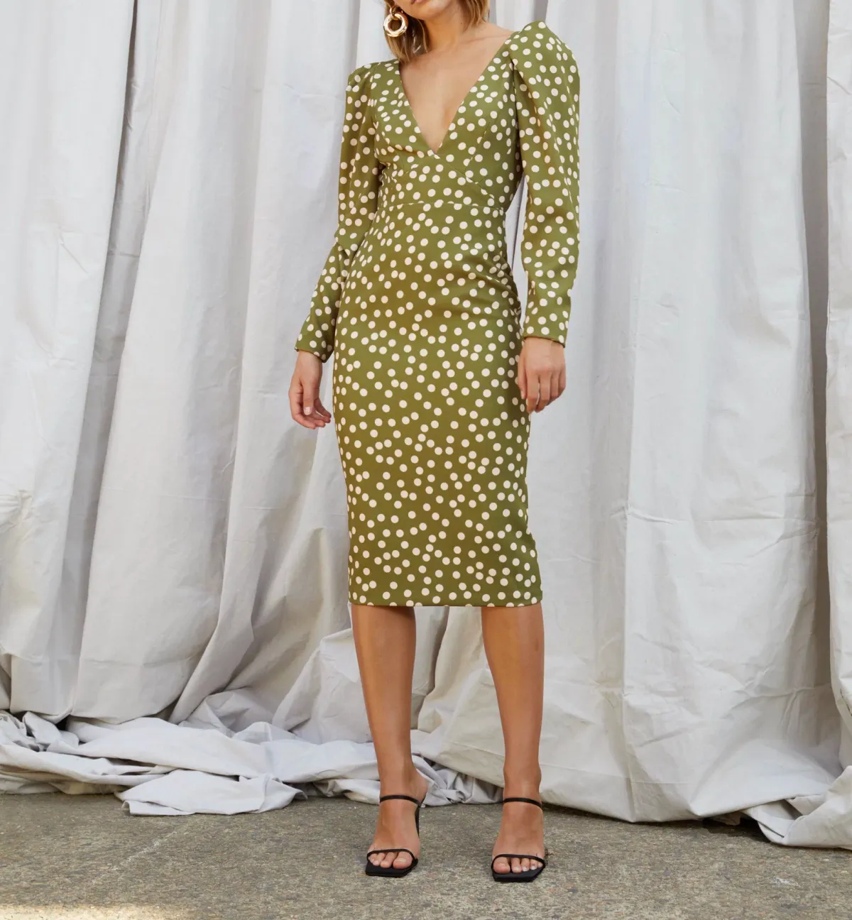 By Johnny Peach Polka V Plunge Midi Dress Print Size 6 - Image 1