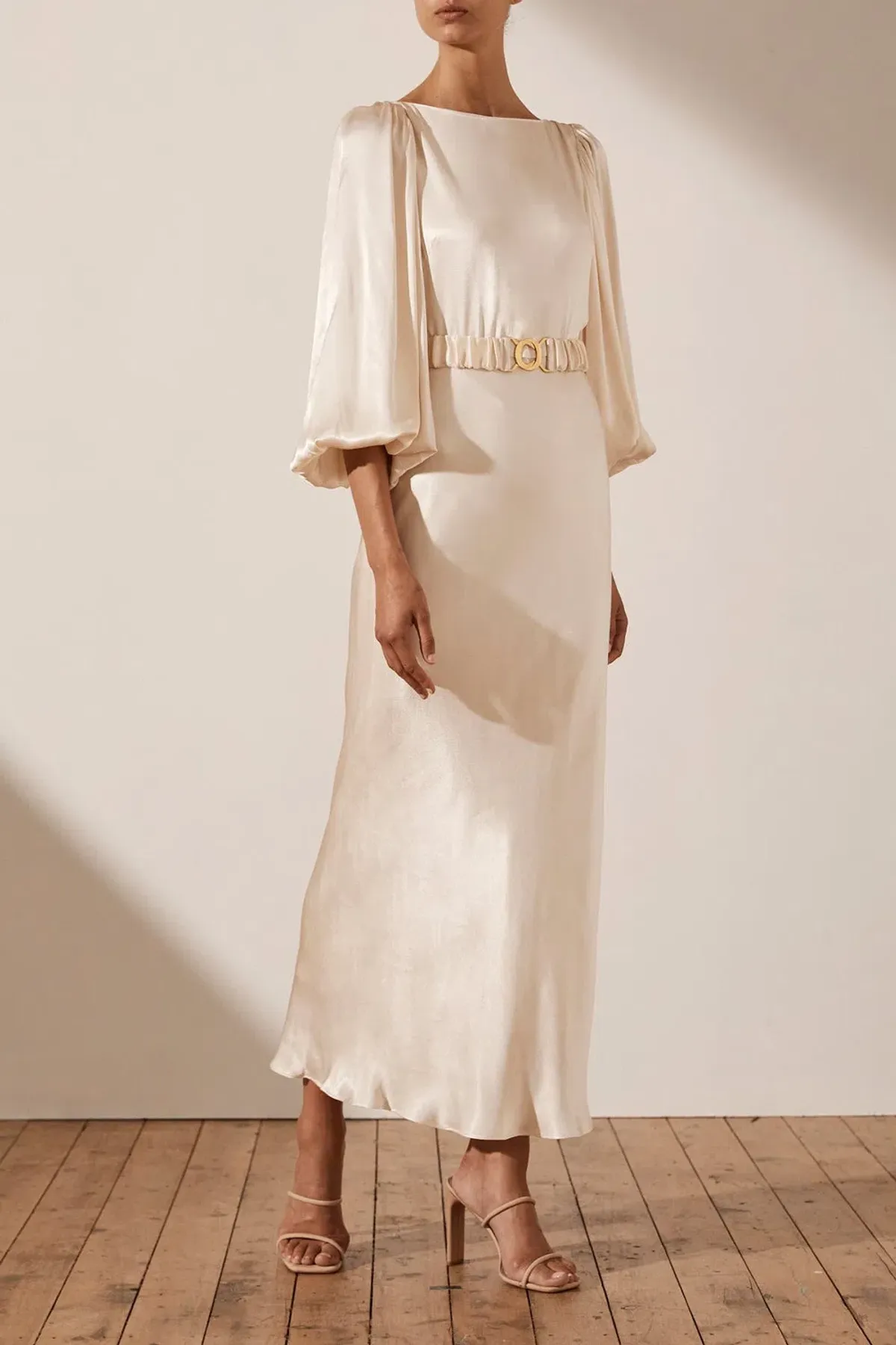 Shona Joy La Lune Balloon Sleeve Midi Dress with Belt in Cream Size 12 / L - Image 1