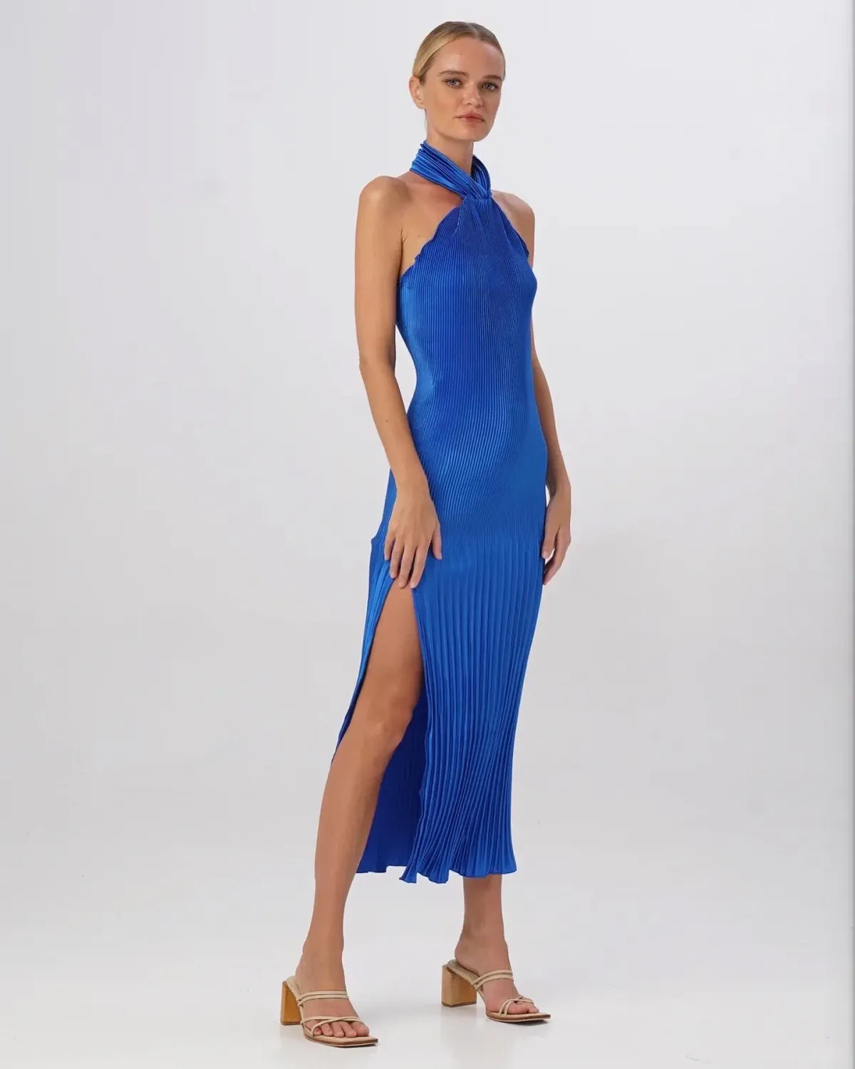 Lidee Soiree Pleated Halter Gown Moroccan Blue Size 8 for rent on The Volte - main image