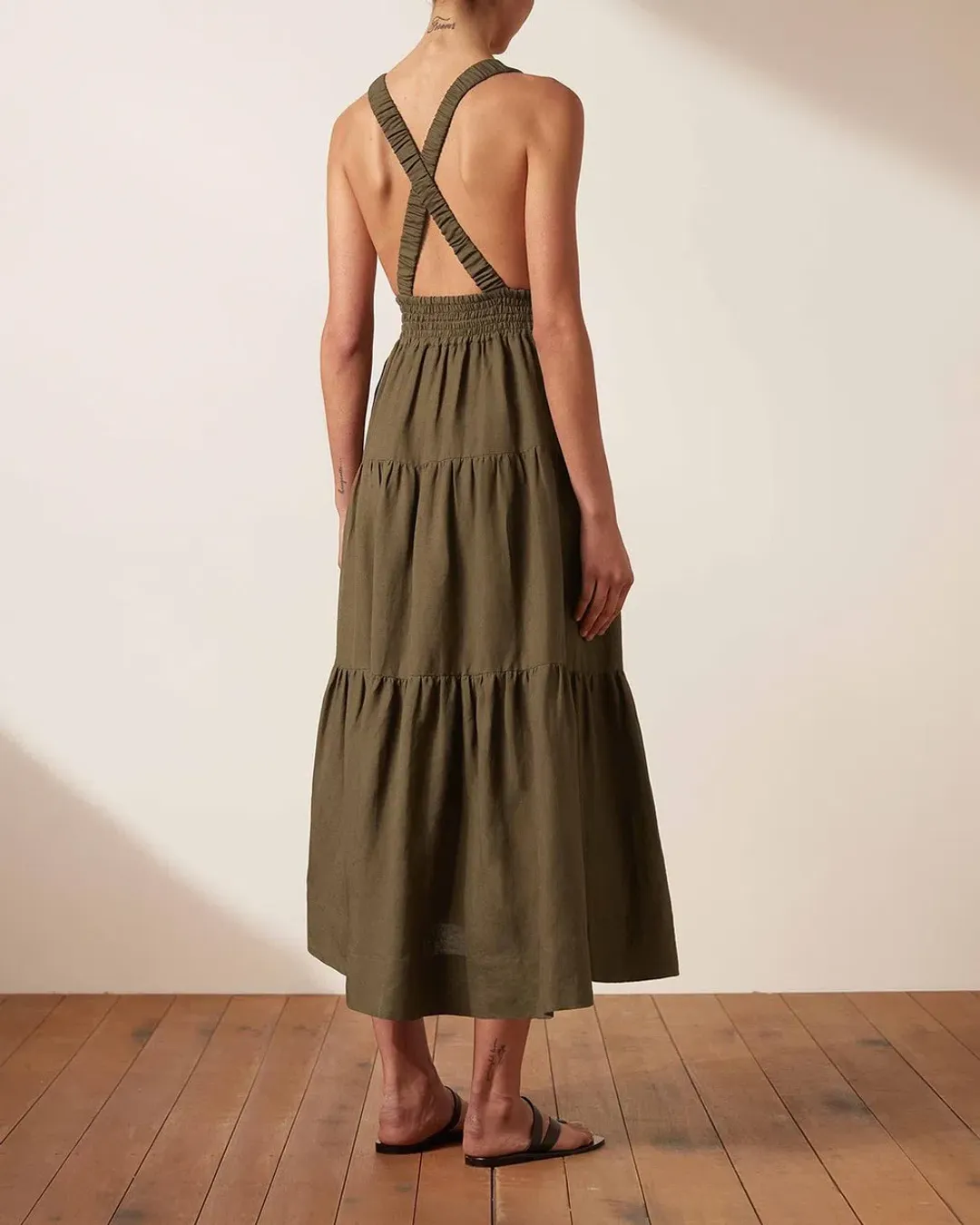 Shona Joy Juliana Linen Plunged Cross Back Dress in Forest Green Size 14 for rent on The Volte - main image