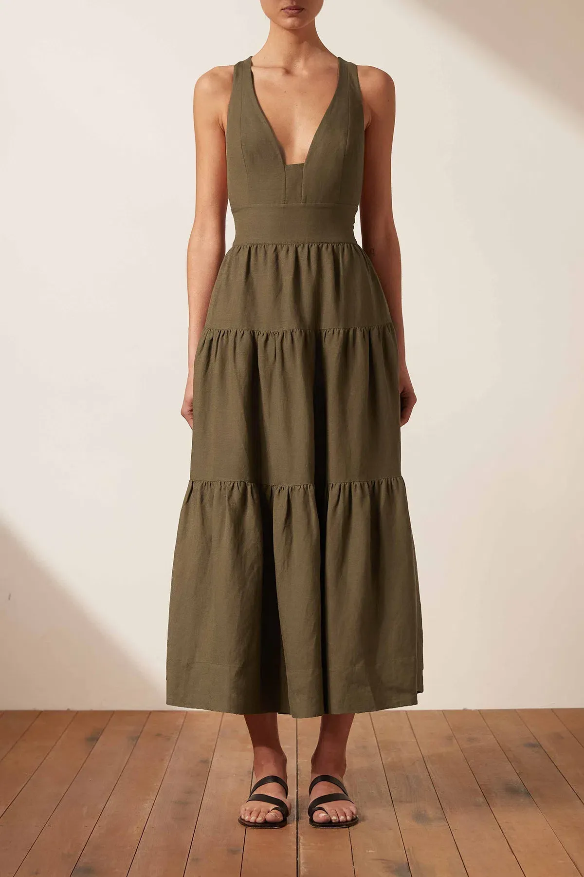 Shona Joy Juliana Linen Plunged Cross Back Dress in Forest Green Size 14 for rent on The Volte - main image
