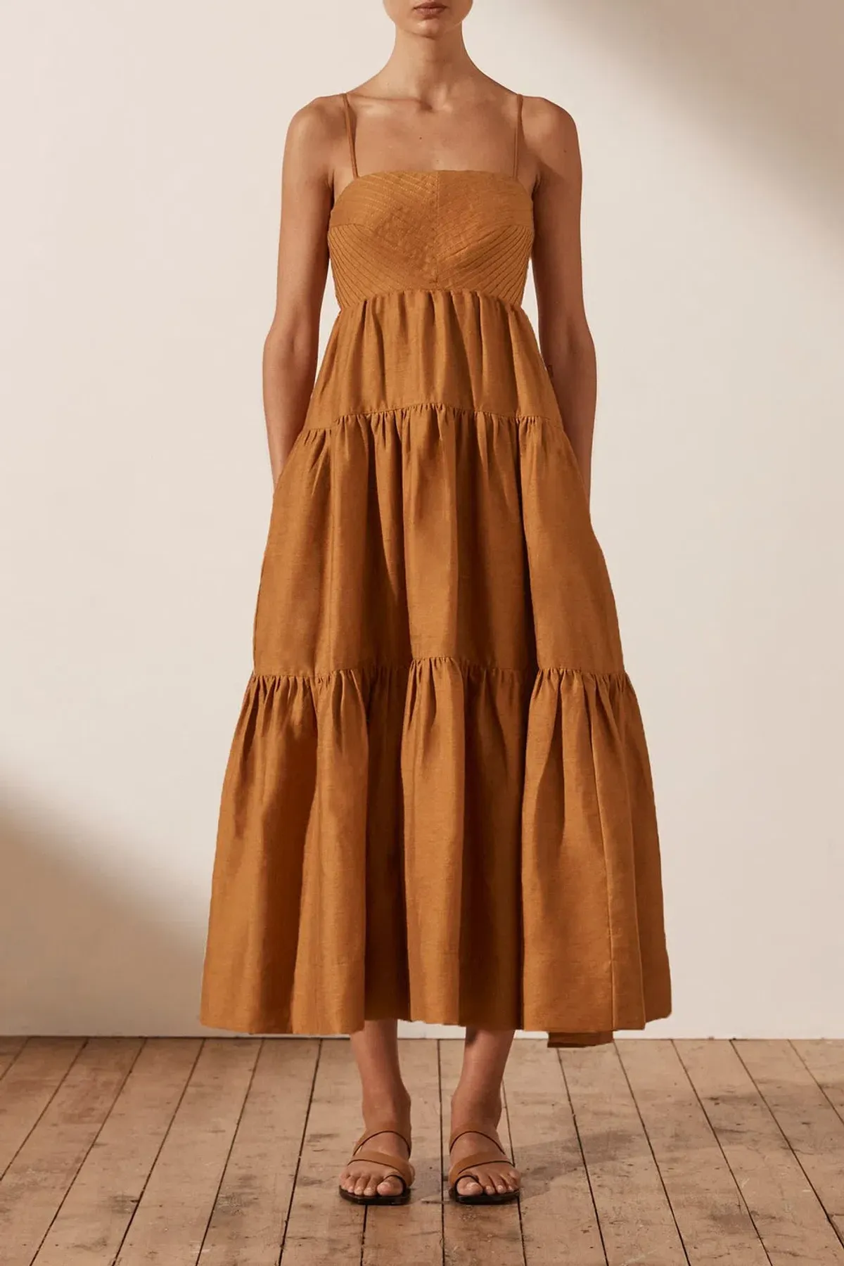 Shona Joy Maya Linen Pin Tuck Open Back Tiered Midi Dress Turmeric Size 14 for rent on The Volte - main image
