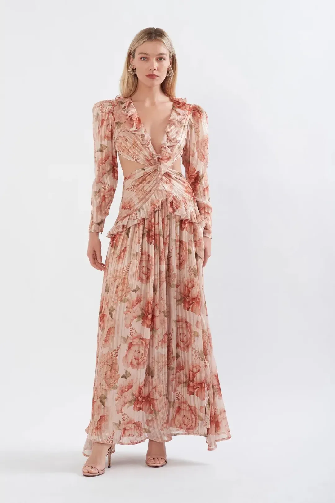 Sonya Moda Ruffle Cut Out Maxi Dress in Spiced Peonies Print Size 6 for rent on The Volte - main image