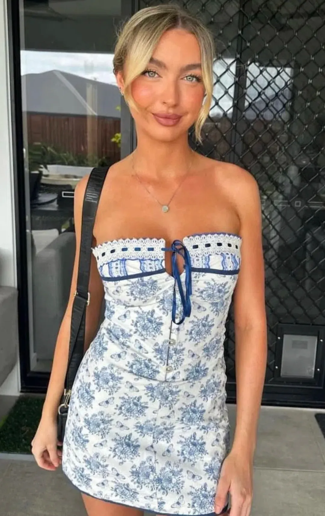 With Jean Sabrin Mini Dress in Toile Papillon Blue Size S / Au 8 for rent on The Volte - main image