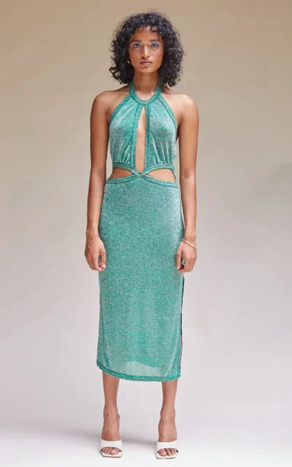 Suboo Aylish Halter Midi Dress in Green Metallic Size 6 - Image 1