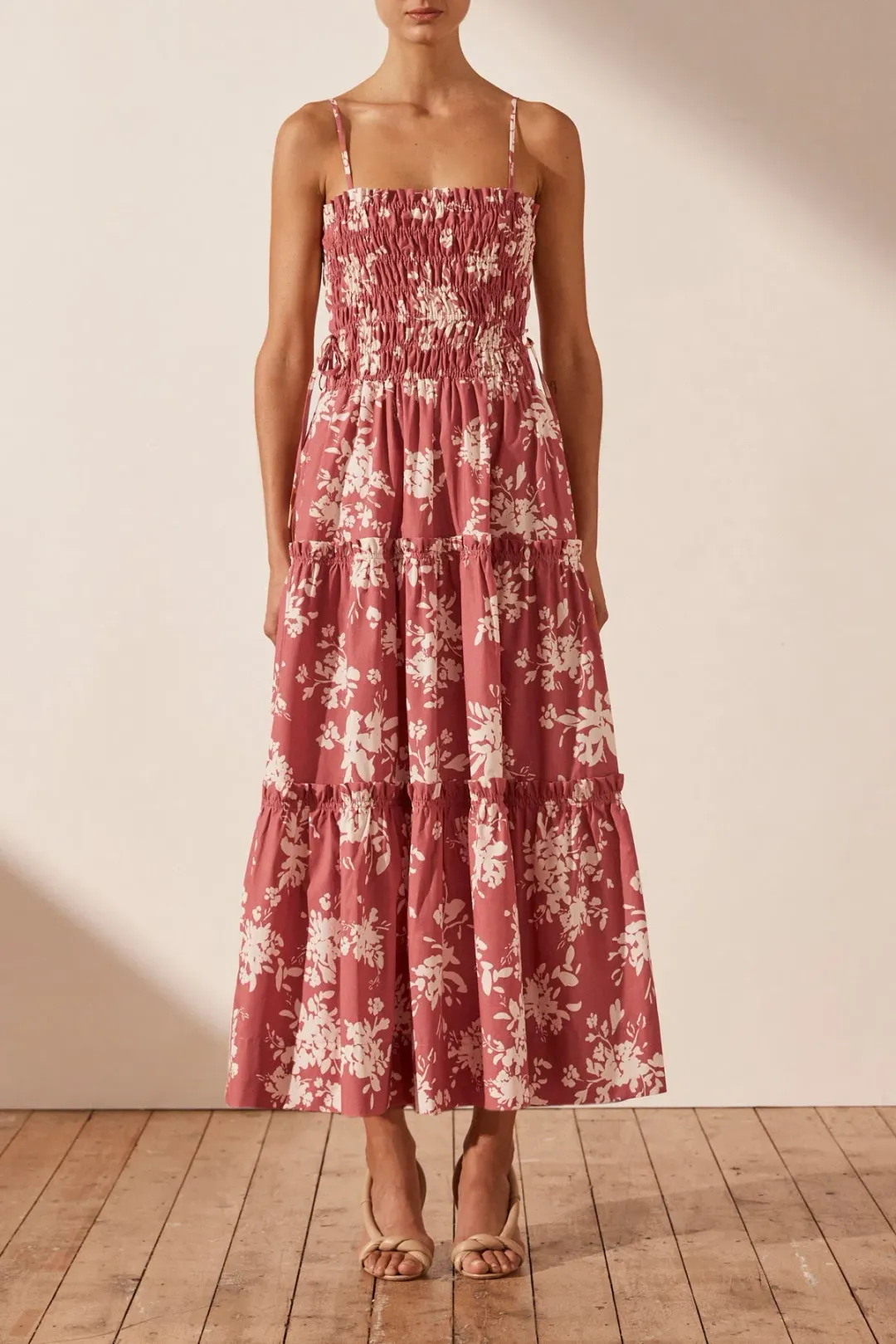 Shona Joy Cali Shirred Tiered Midi Dress Strawberry Size 14 / XL for rent on The Volte - main image