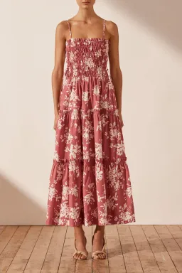 Shona Joy Cali Shirred Tiered Midi Dress Strawberry Size 14 / XL for rent on The Volte - image 1