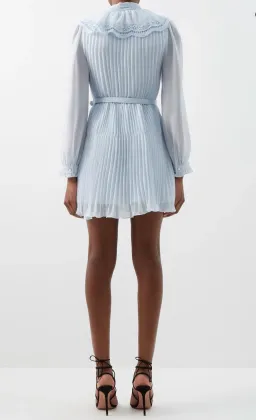 Self Portrait Broderie-Collar Pleated Chiffon Mini Dress Blue Size 12 for rent on The Volte - image 4