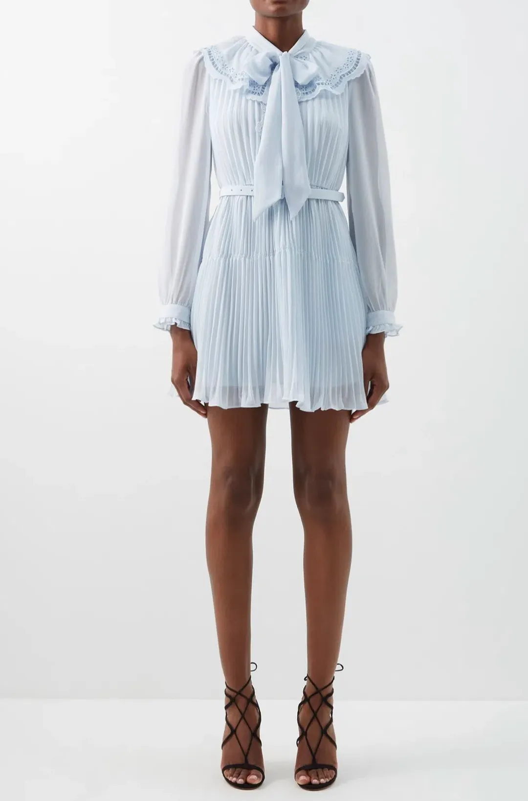 Self Portrait Broderie-Collar Pleated Chiffon Mini Dress Blue Size 12 for rent on The Volte - main image