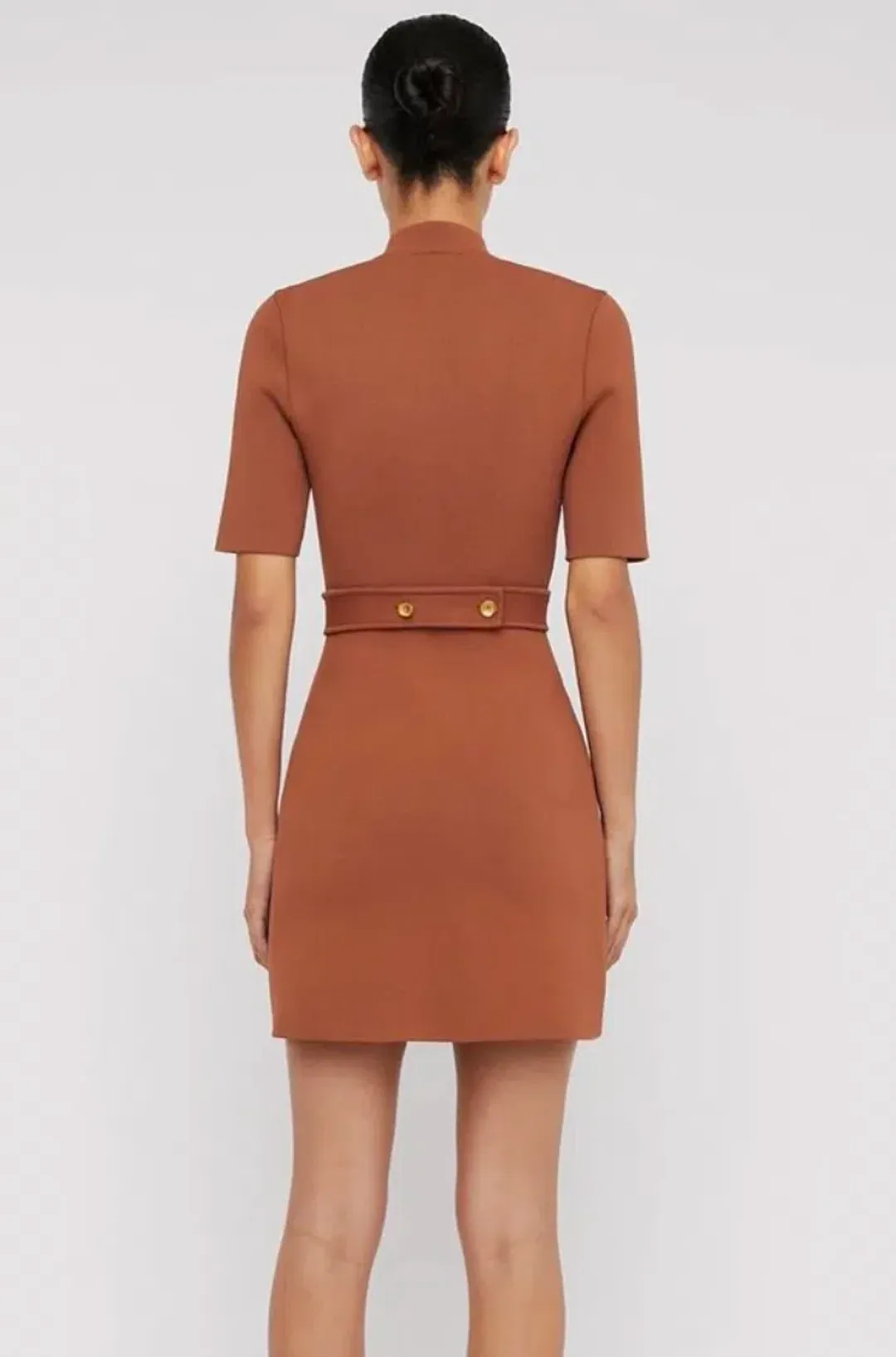 Scanlan Theodore Crepe Knit Mini Button Dress Hazel Brown Size 8 / S for rent on The Volte - main image