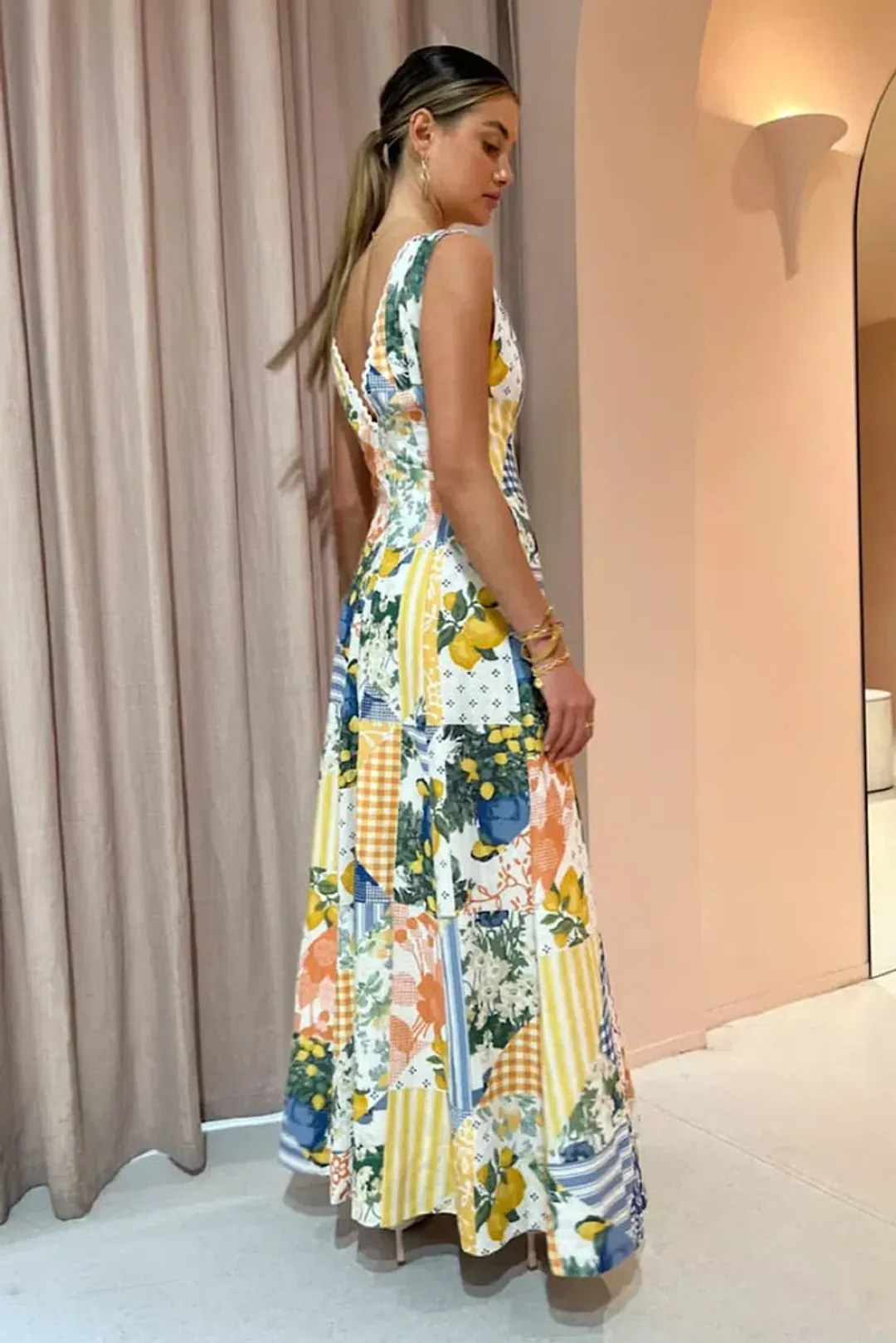 By Nicola Wavy Maxi Dress in Lemon Patchwork Print Size 10 for rent on The Volte - main image
