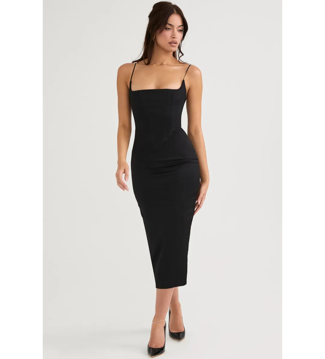 House of CB Anais Satin Pointed Corset Midi Dress Black Size 10 for rent on The Volte - main image