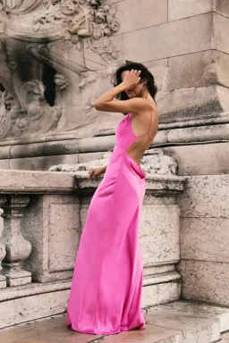 Meshki Sadie Satin Halter Ruched Slip Maxi Dress Pink Size 8 for rent on The Volte - image 3