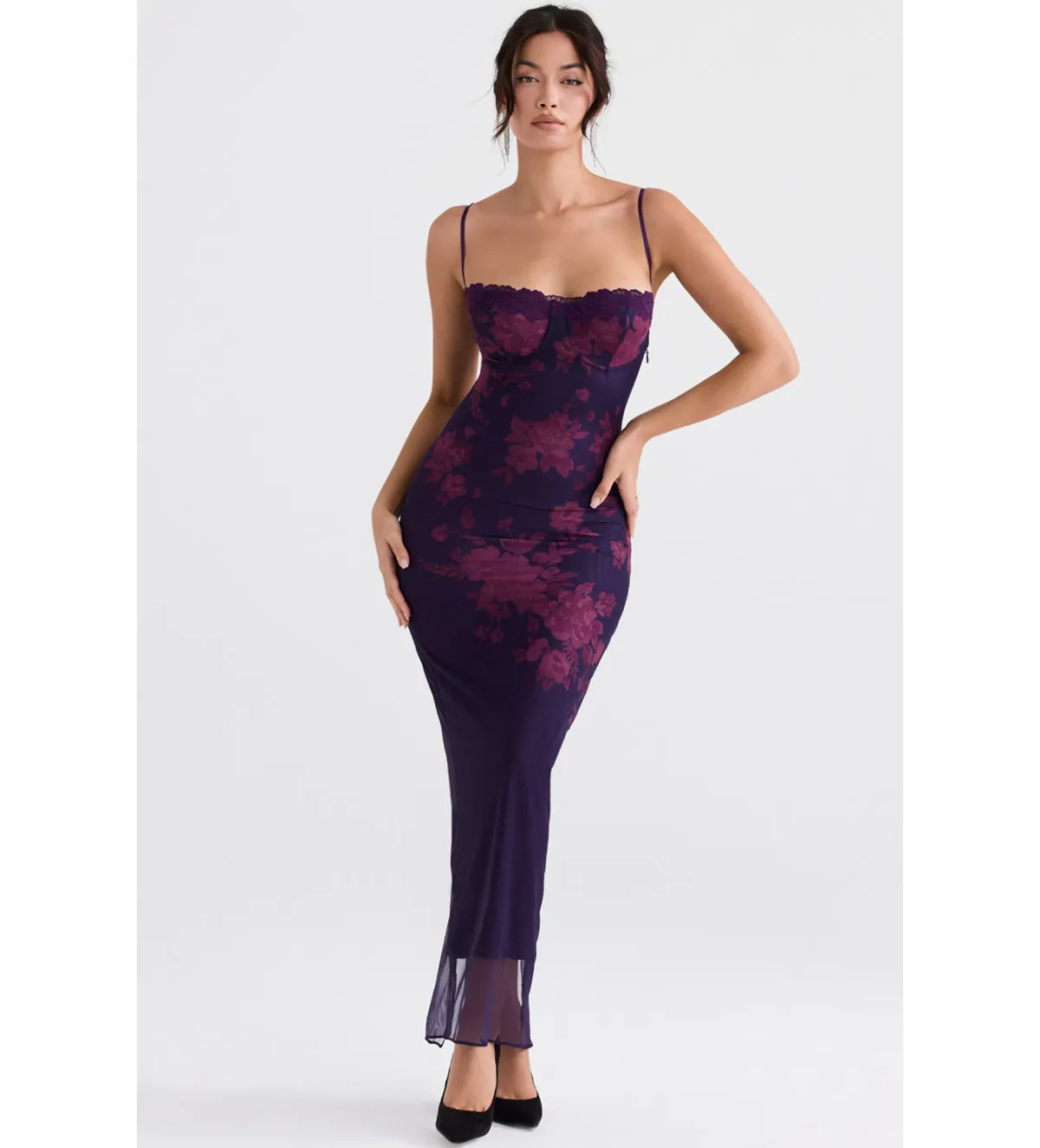 House of CB Aiza Mesh Maxi Dress Grape Floral Size 8 - Image 1