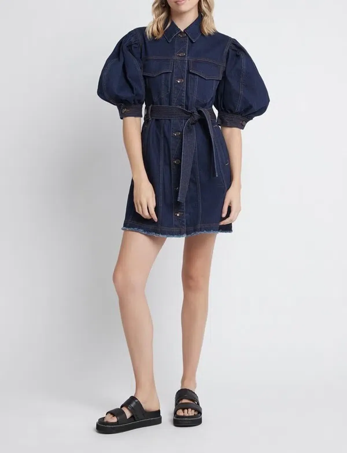 Aje Tori Denim Mini Dress Blue Size 14 for rent on The Volte - main image