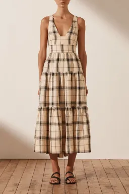 Shona Joy Linen Plunge Dress Cross Back Midi Dress Print Size 10 for rent on The Volte - image 2