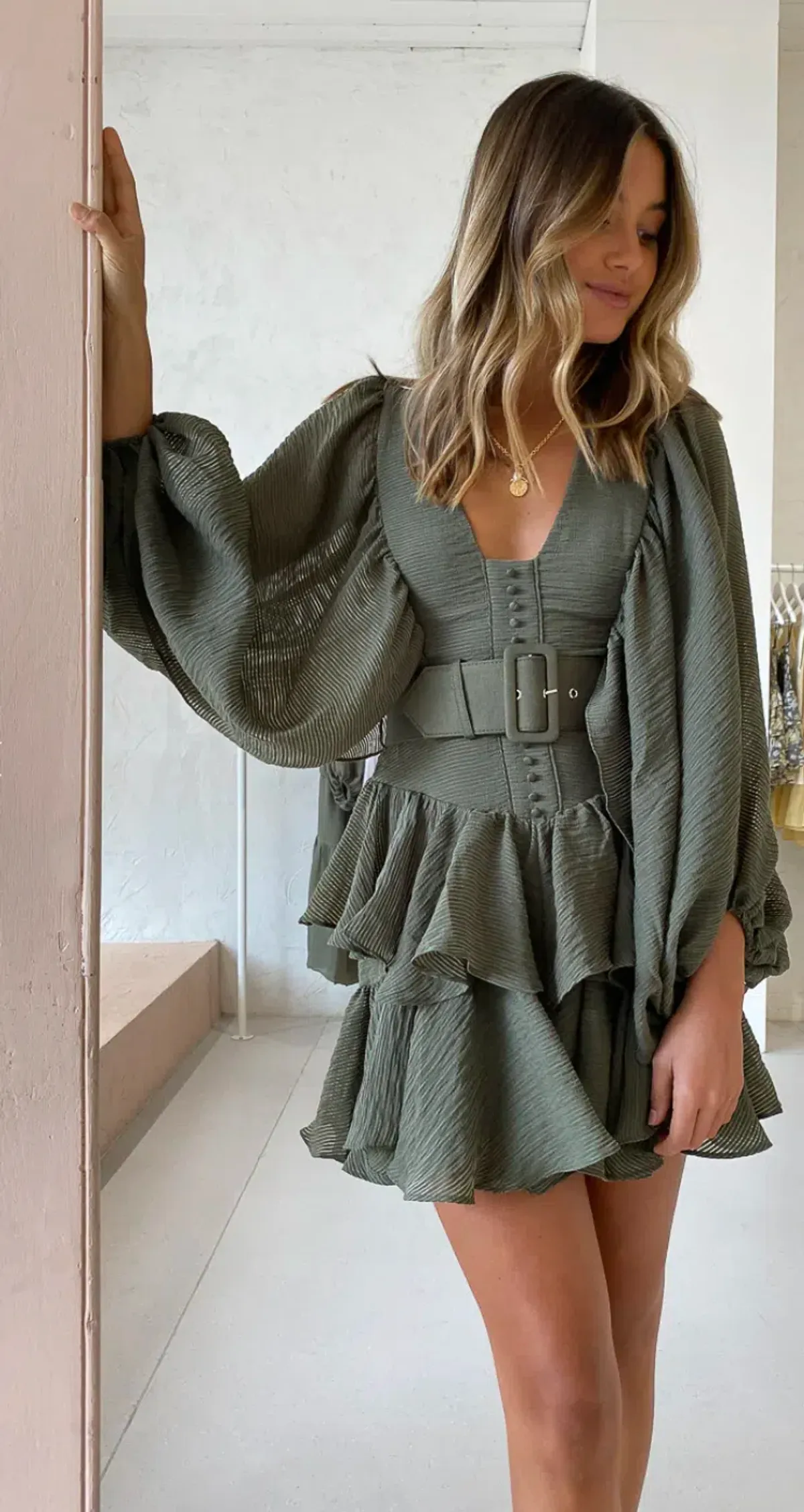 Shona Joy Charlotte Plunged Dress in Khaki Size 10 - Image 3
