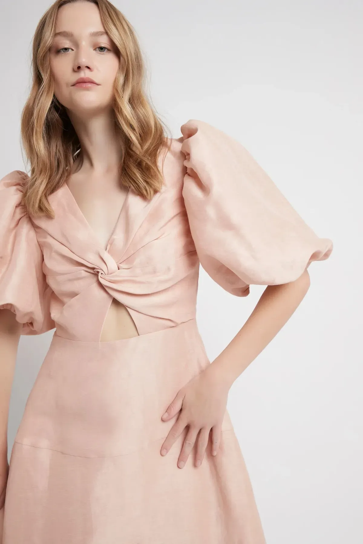 Aje Dusk Knot Puff Sleeve Midi Dress Blush Size AU 16 - Image 2