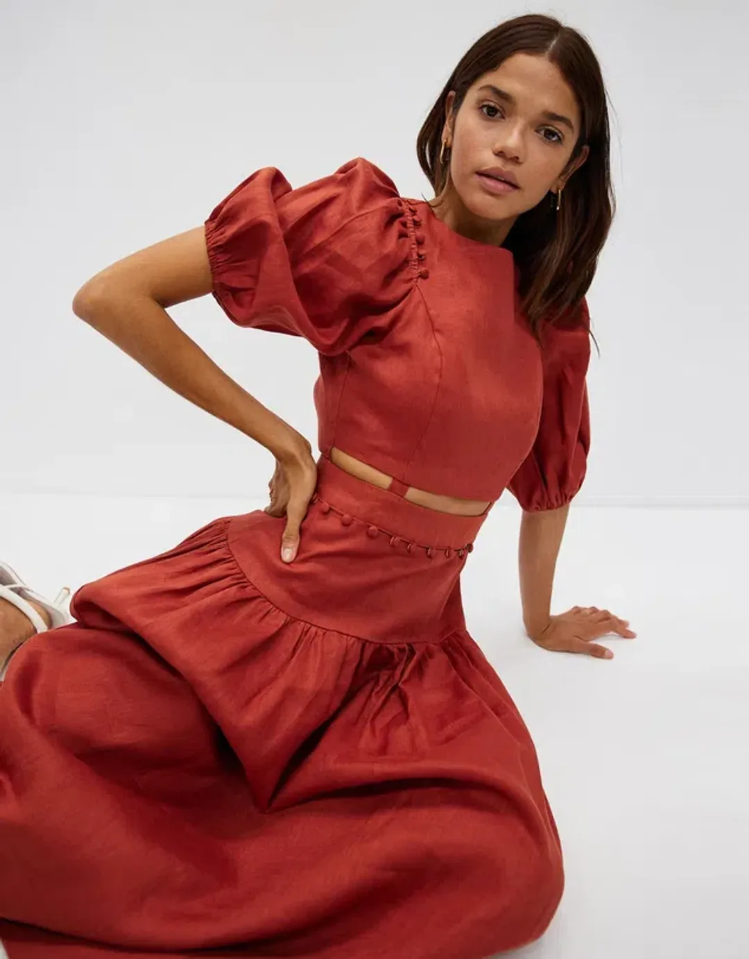 Aere Button Detail Maxi Dress Rust Size 8 for rent on The Volte - main image