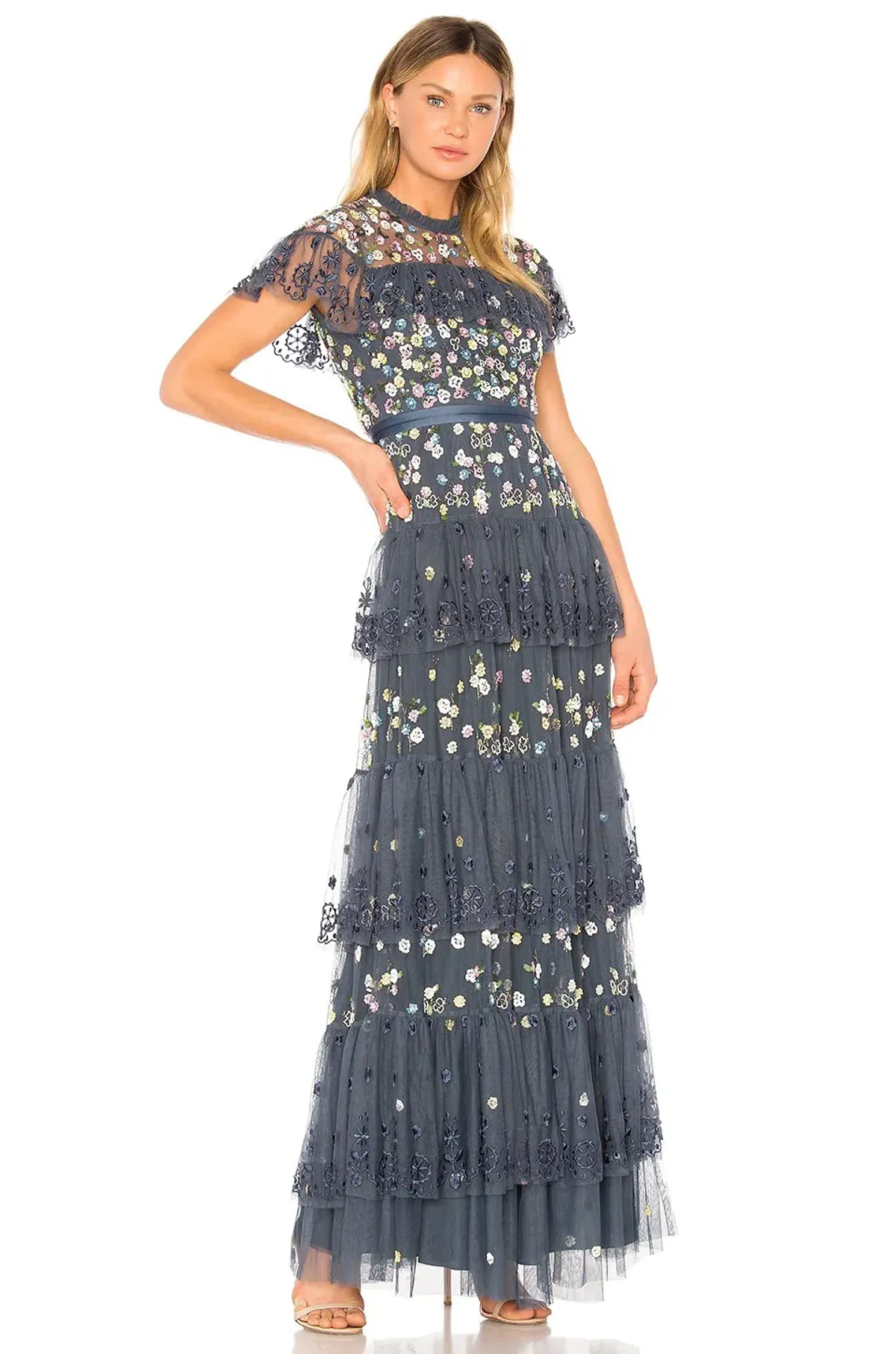 Needle and Thread Tiered Anglais Gown Washed Indigo Beaded Floral Size 8 for rent on The Volte - main image