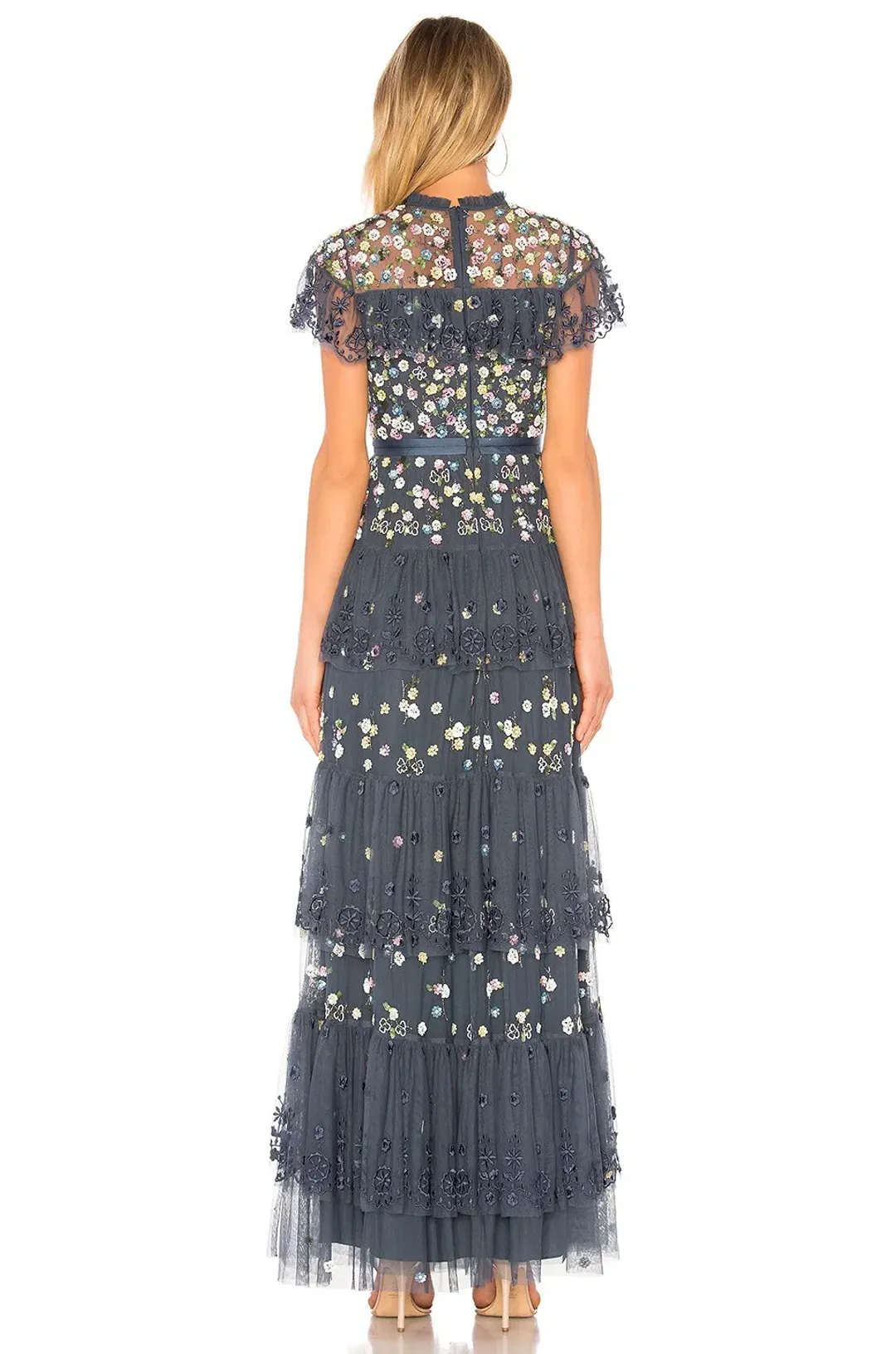 Needle and Thread Tiered Anglais Gown Washed Indigo Beaded Floral Size 8 for rent on The Volte - main image