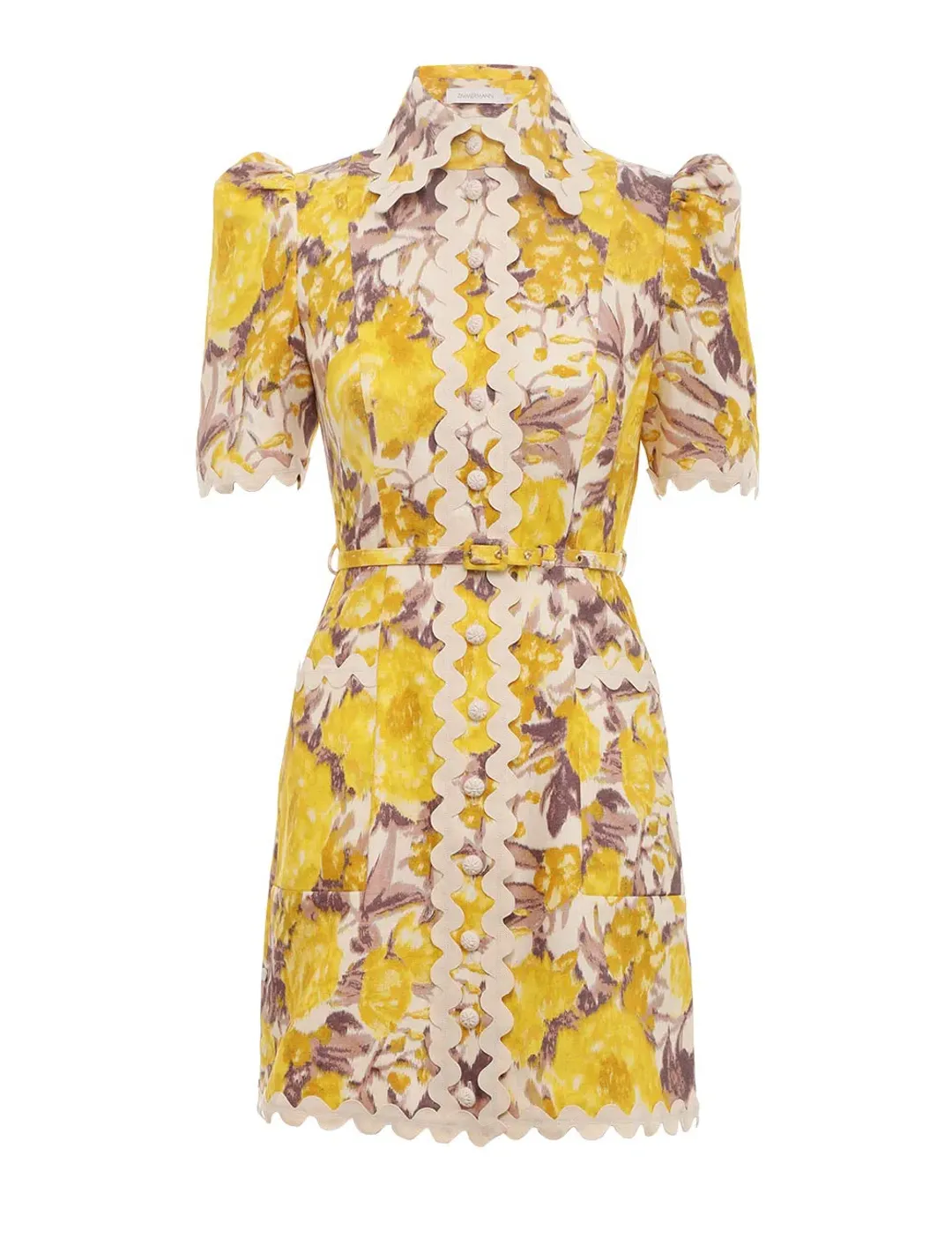 Zimmermann High Tide Ric Rac Mini Dress Yellow Ikat Floral Size 1 / AU 10 for rent on The Volte - main image