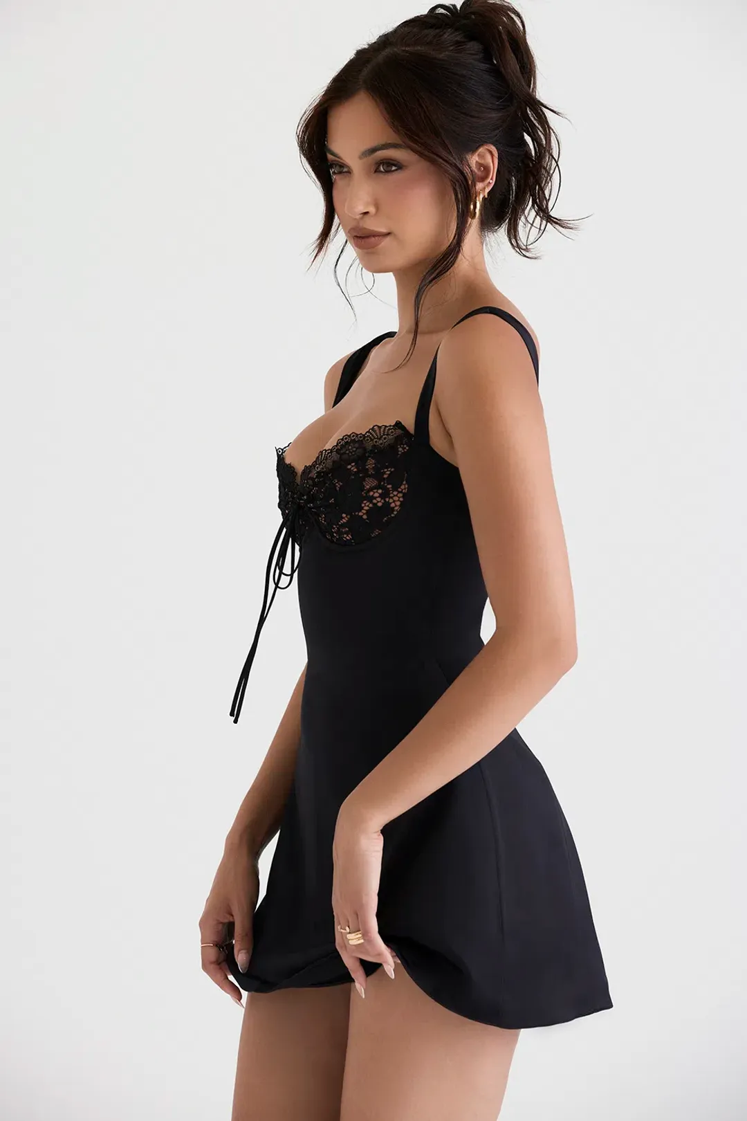 House of CB Adriana Satin and Lace Mini Dress Black Size M / Au 10 for rent on The Volte - main image